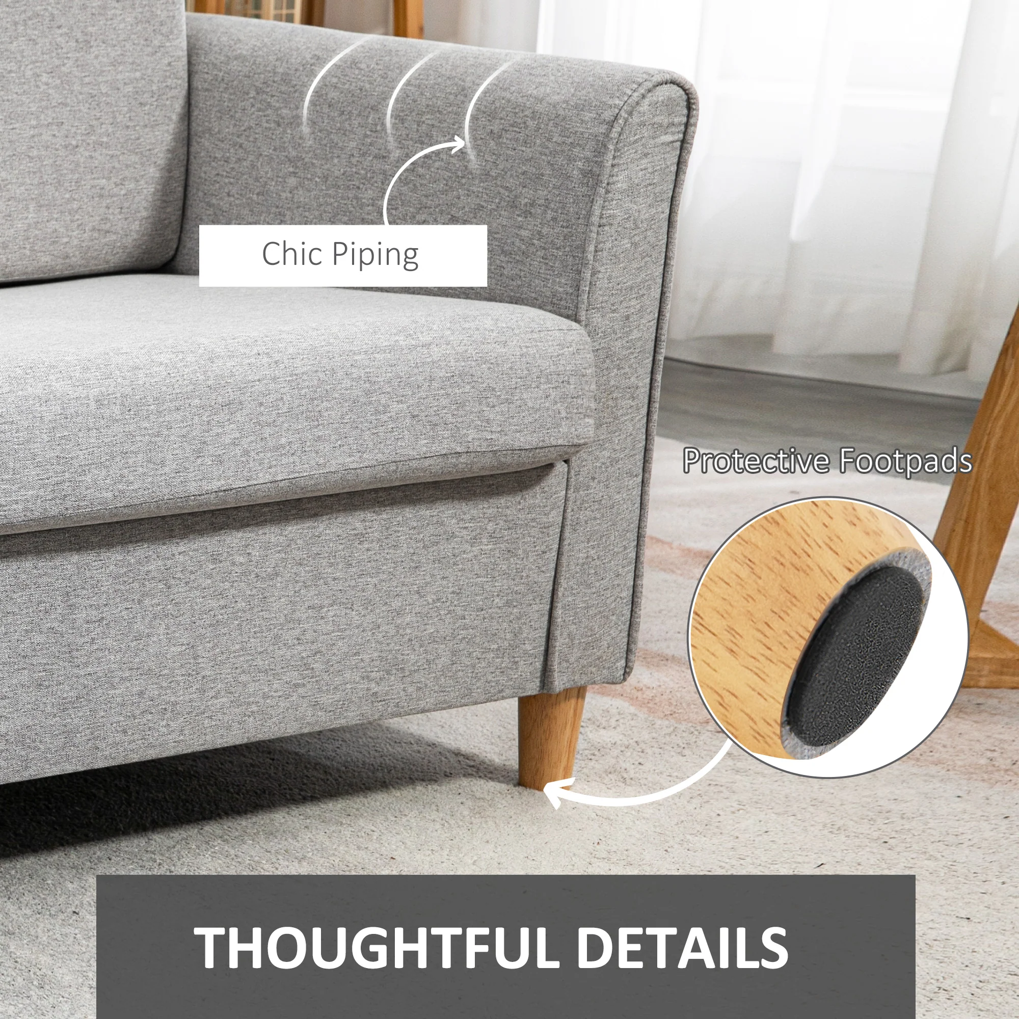HOMCOM Double Seat Sofa Linen Upholstery Loveseat Couch w/ Armrests, Light Grey - Image 6