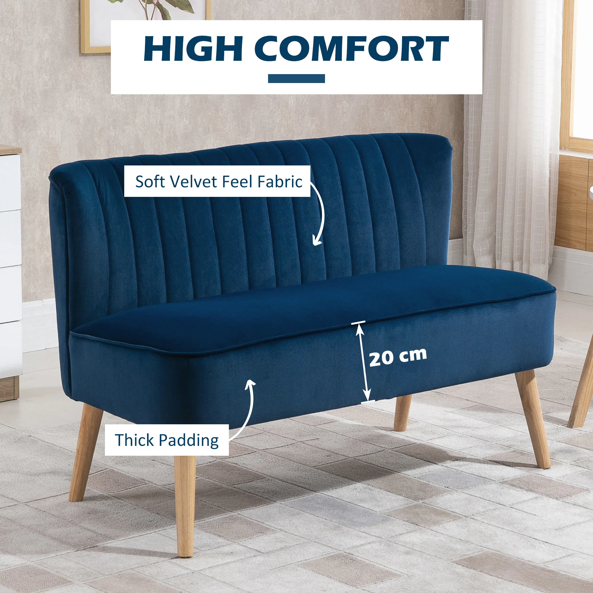 HOMCOM Double Sofa Foam Padding High Back, Dark Blue - Image 3