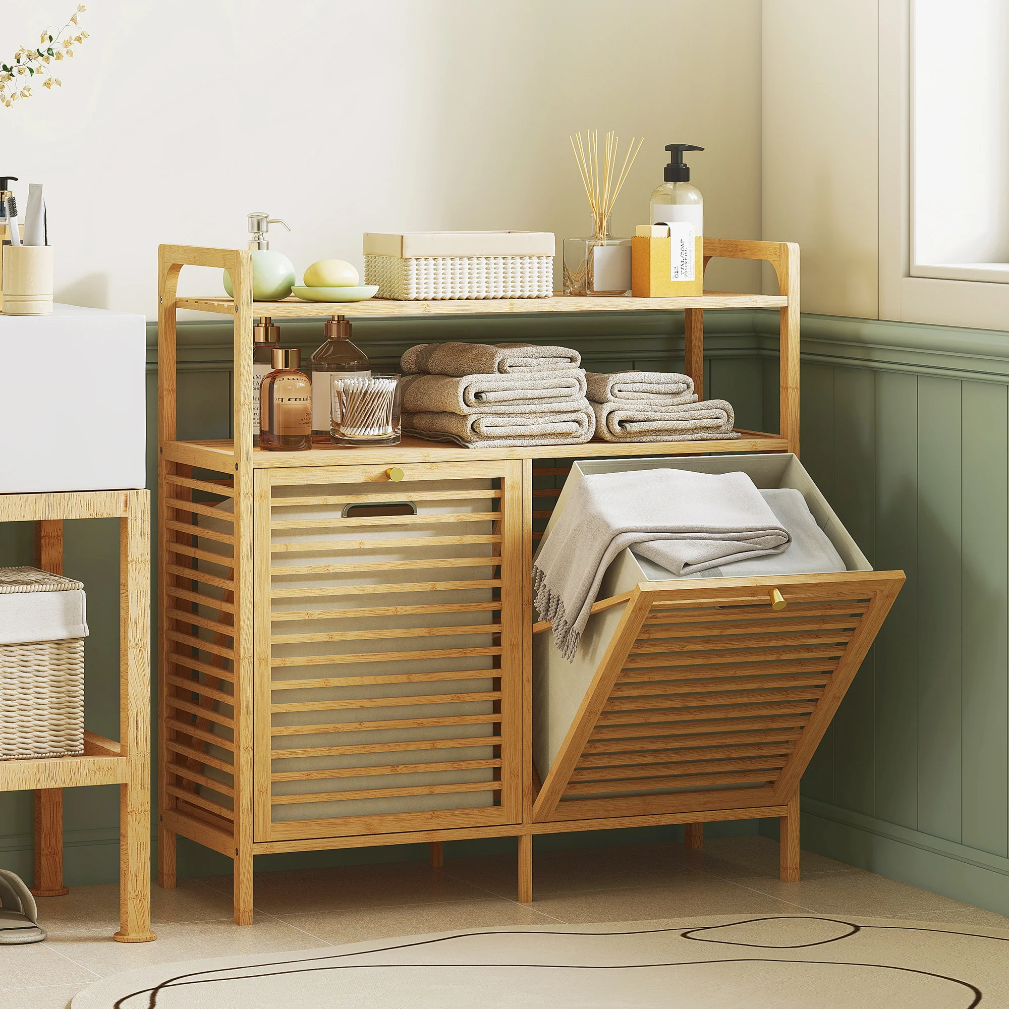 HOMCOM Double Tilt Out Laundry Cabinet Bamboo Laundry Hamper Cabinet - Image 2