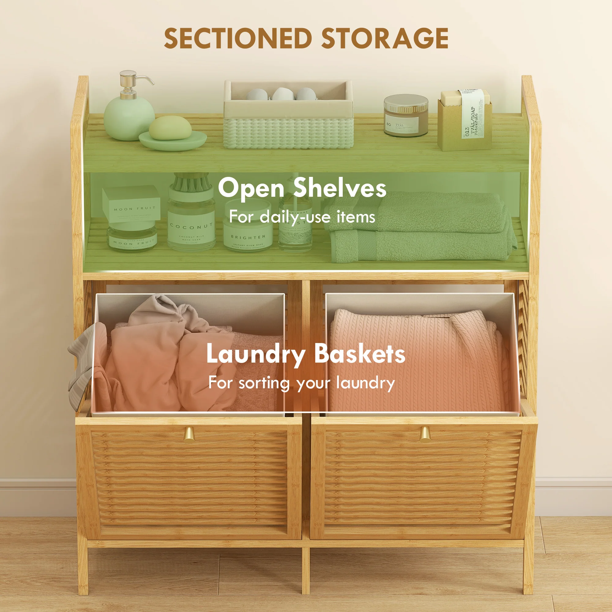 HOMCOM Double Tilt Out Laundry Cabinet Bamboo Laundry Hamper Cabinet - Image 3