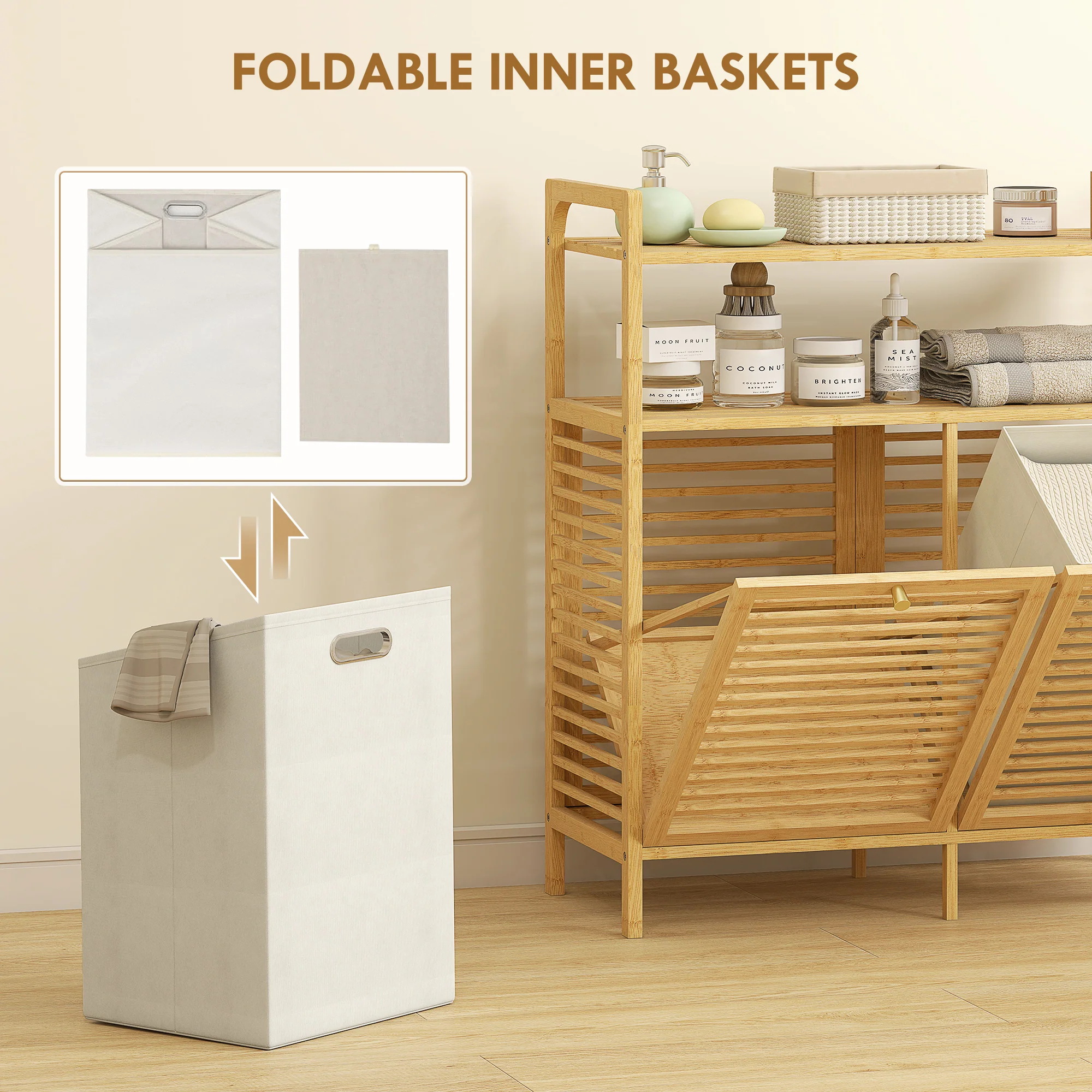 HOMCOM Double Tilt Out Laundry Cabinet Bamboo Laundry Hamper Cabinet - Image 4