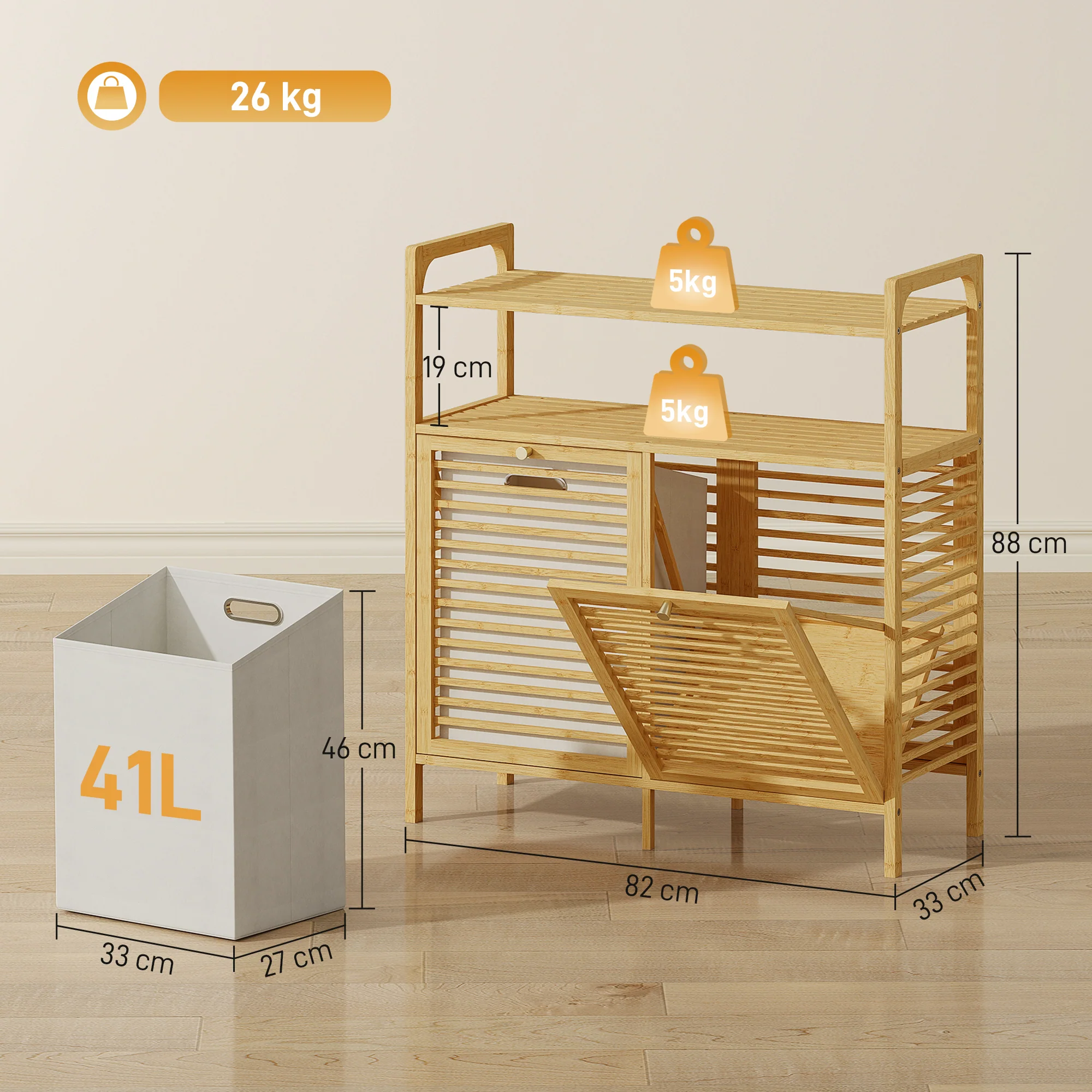 HOMCOM Double Tilt Out Laundry Cabinet Bamboo Laundry Hamper Cabinet - Image 5