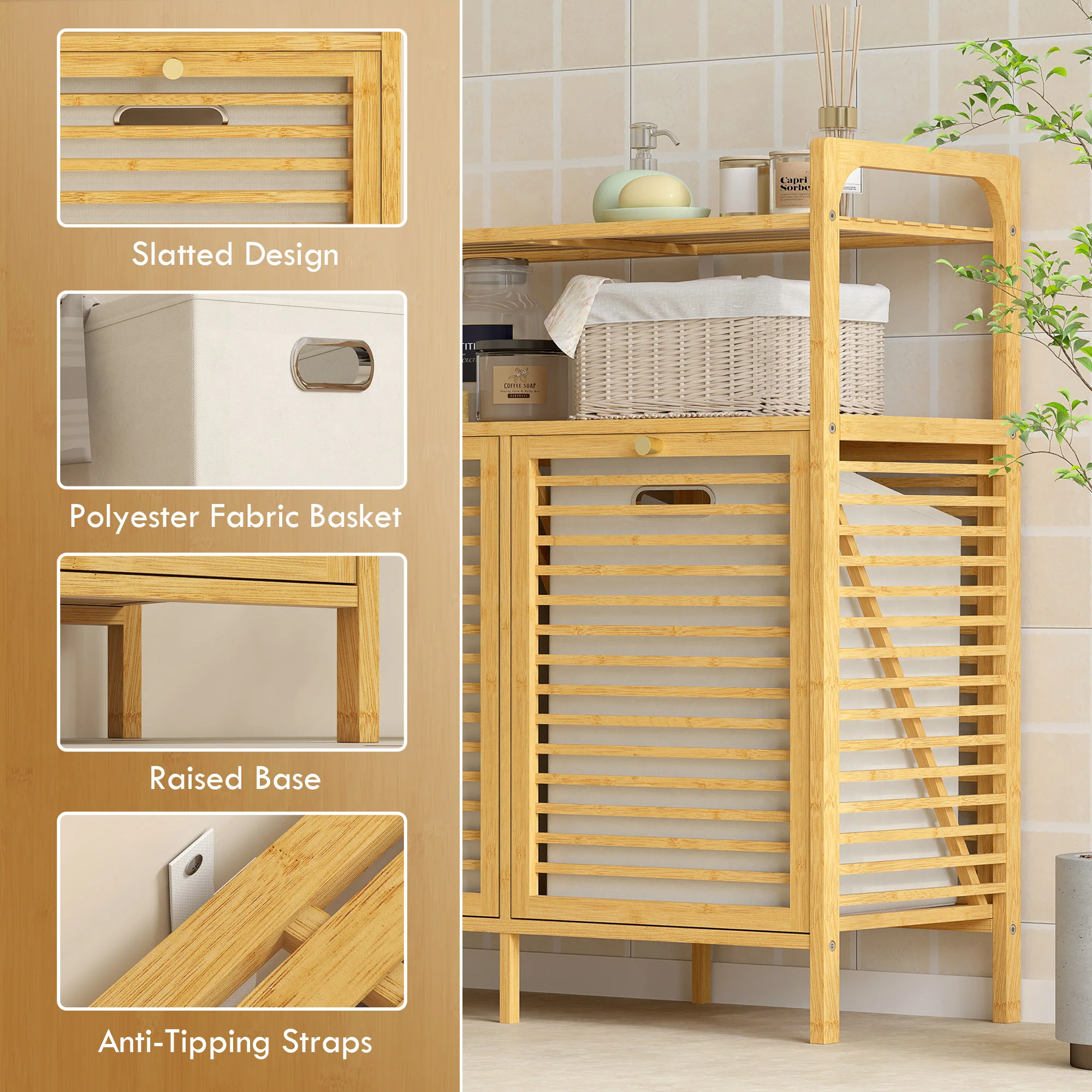 HOMCOM Double Tilt Out Laundry Cabinet Bamboo Laundry Hamper Cabinet - Image 7