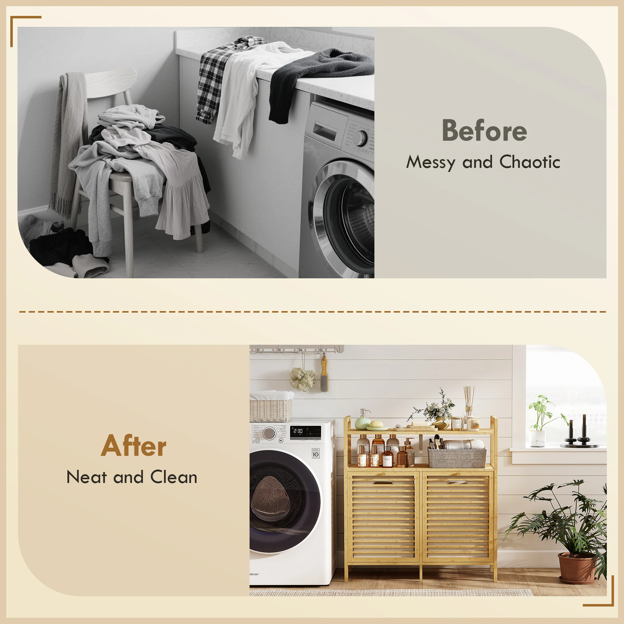 HOMCOM Double Tilt Out Laundry Cabinet Bamboo Laundry Hamper Cabinet - Image 8