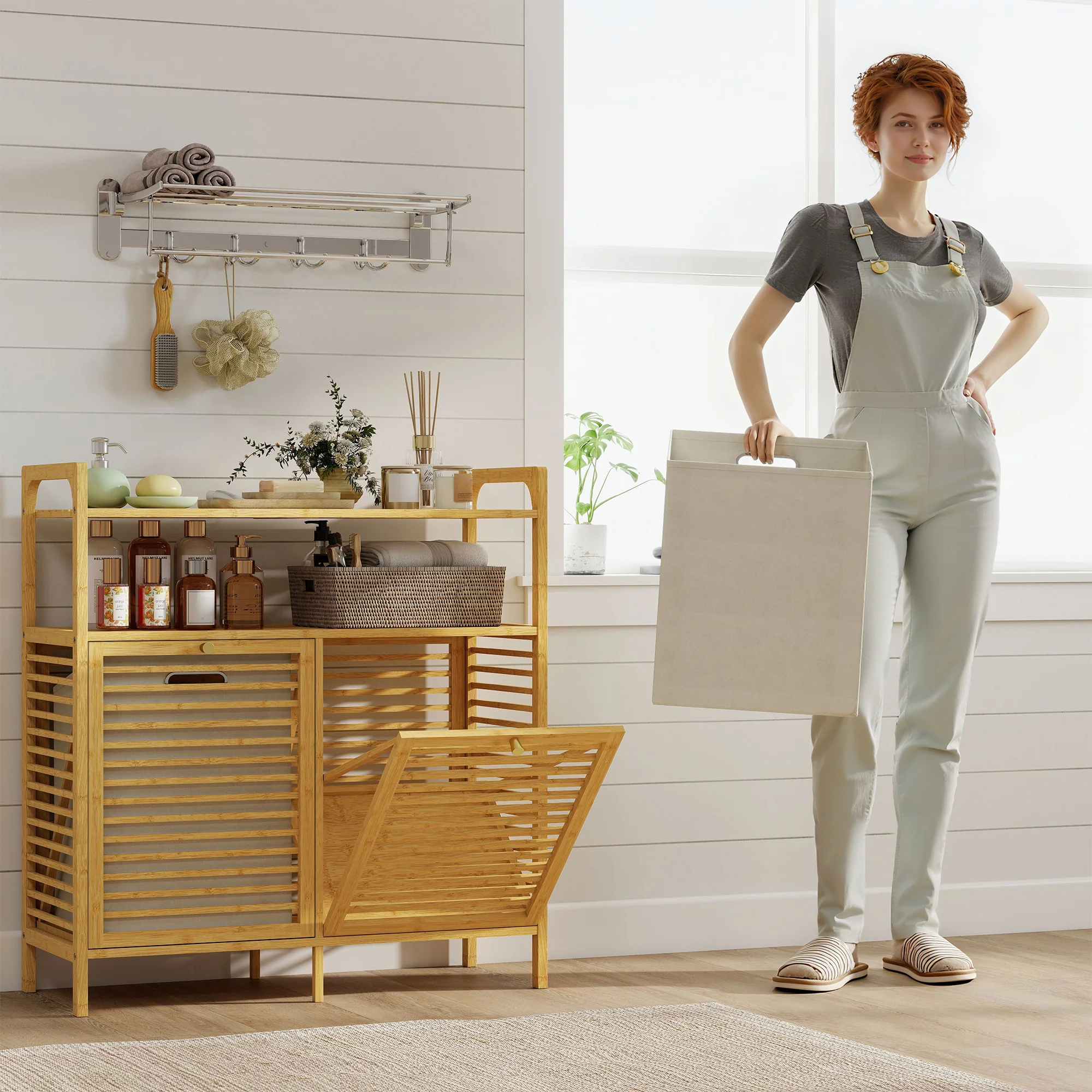 HOMCOM Double Tilt Out Laundry Cabinet Bamboo Laundry Hamper Cabinet - Image 9