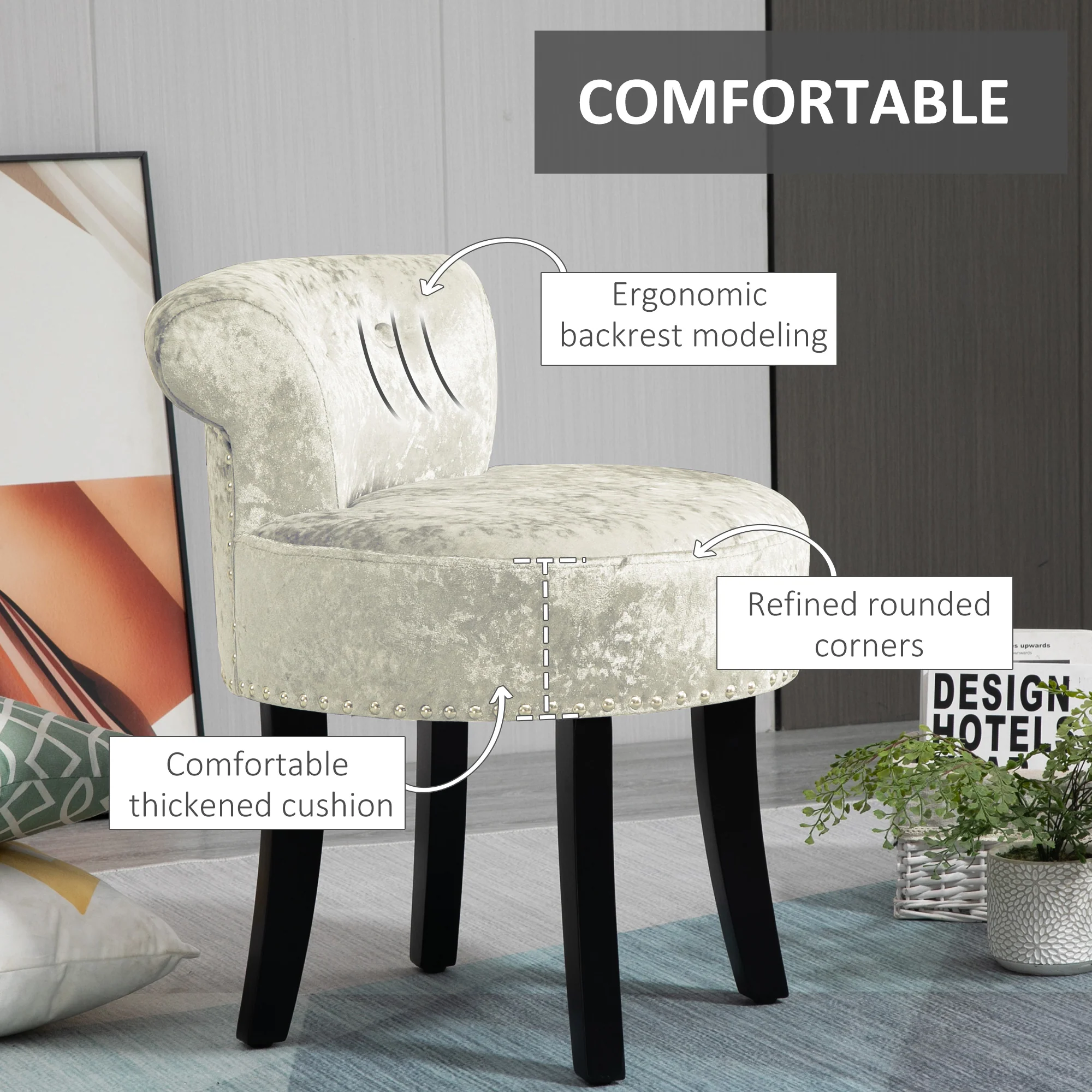 HOMCOM Dressing Table Stool Vanity Seat W/ Rubber Wood Legs Bedroom - Beige - Image 3
