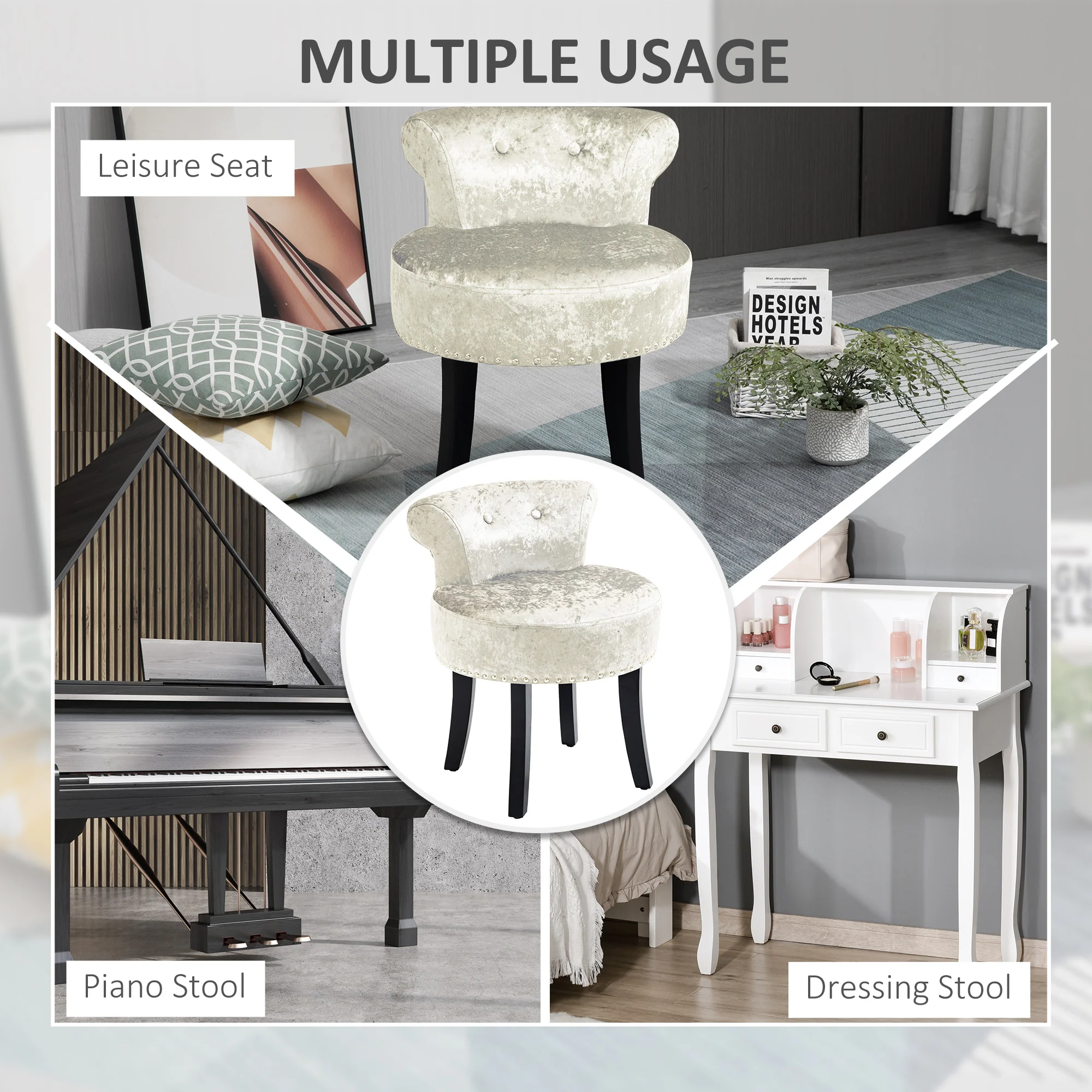 HOMCOM Dressing Table Stool Vanity Seat W/ Rubber Wood Legs Bedroom - Beige - Image 6
