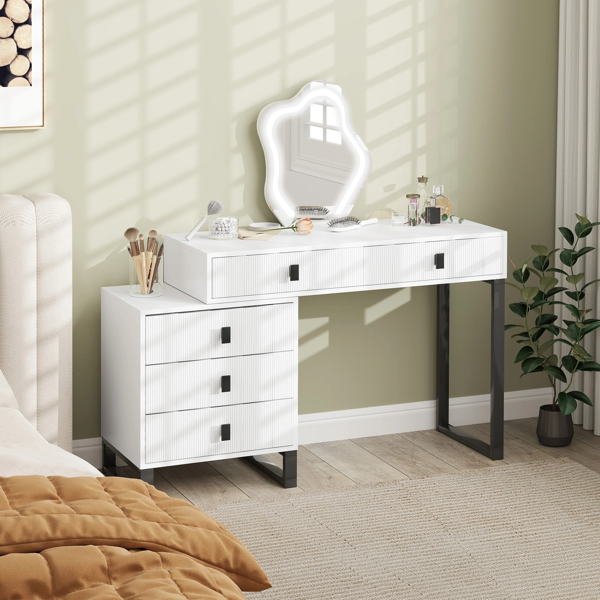 HOMCOM Dressing Table with LED Leaf Shape Mirror and 5 Drawers, White - Image 2