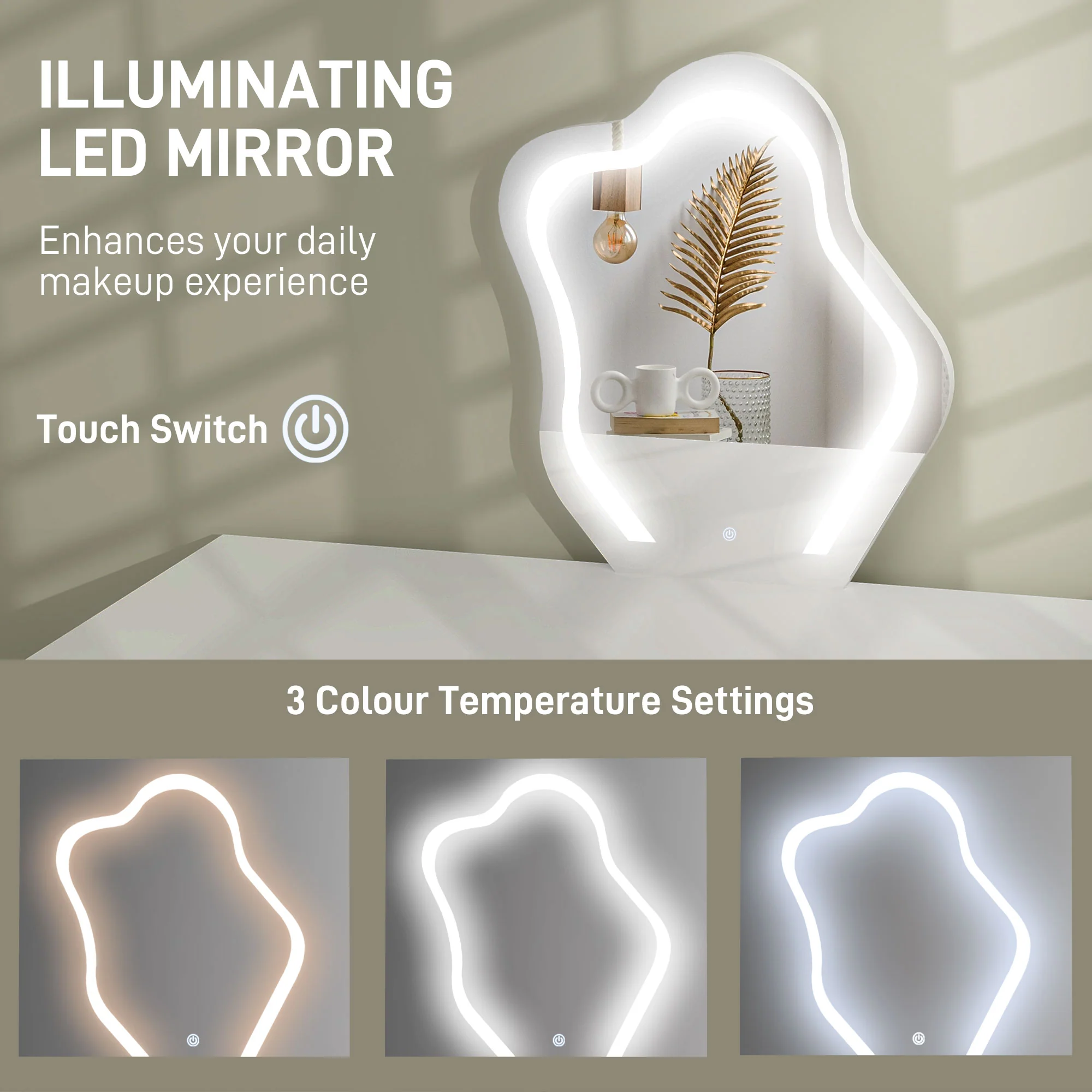 HOMCOM Dressing Table with LED Leaf Shape Mirror and 5 Drawers, White - Image 3