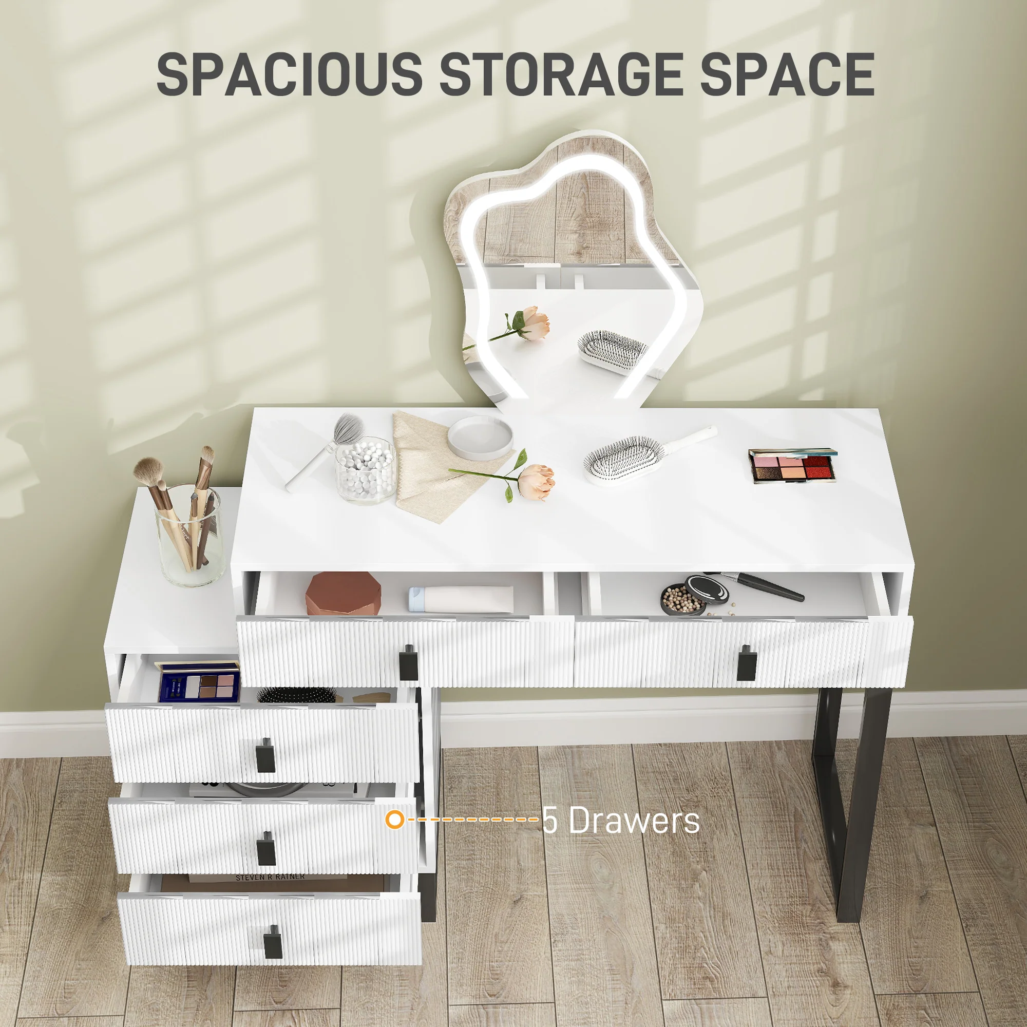 HOMCOM Dressing Table with LED Leaf Shape Mirror and 5 Drawers, White - Image 4