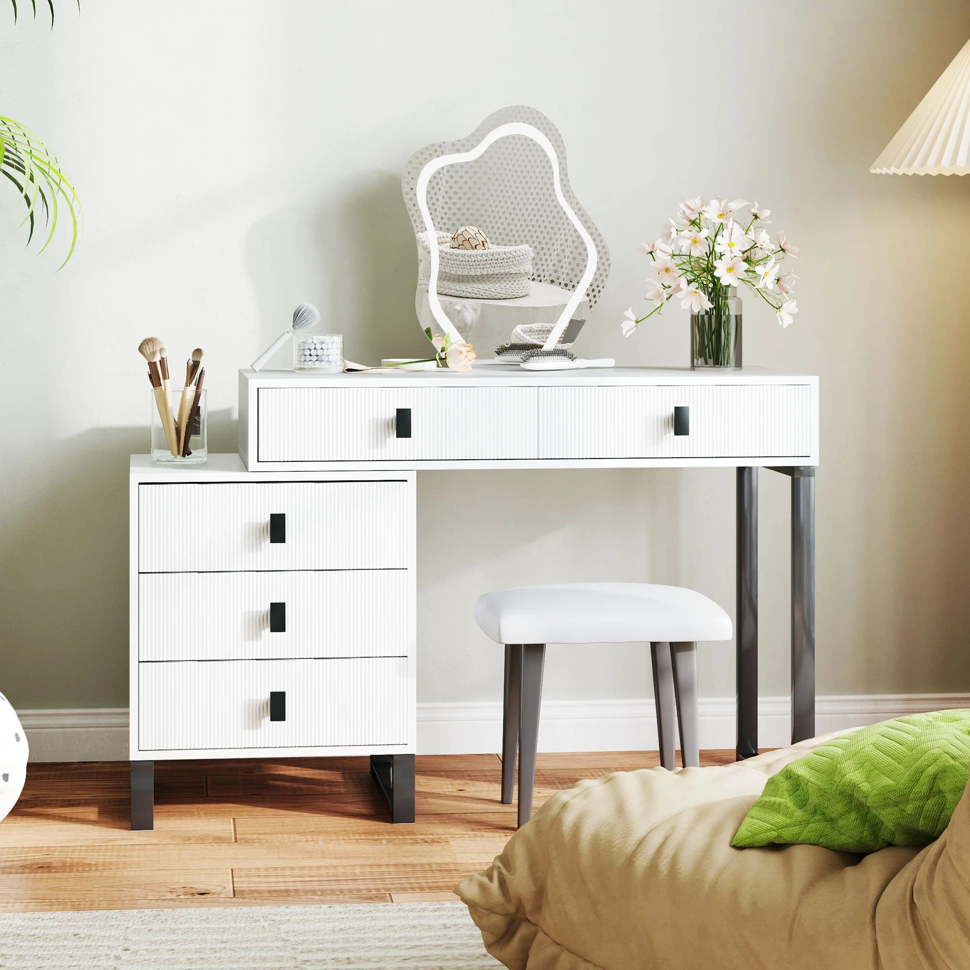 HOMCOM Dressing Table with LED Leaf Shape Mirror and 5 Drawers, White - Image 9