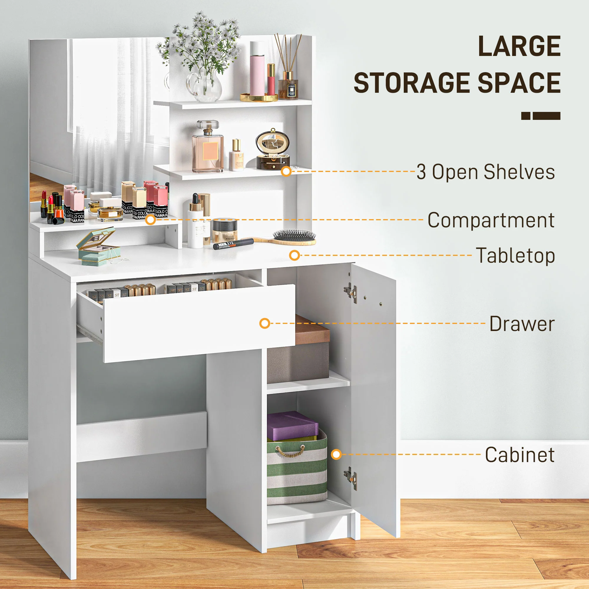 HOMCOM Dressing Table With Mirror And Stool, Makeup Desk For Bedroom, White - Image 3