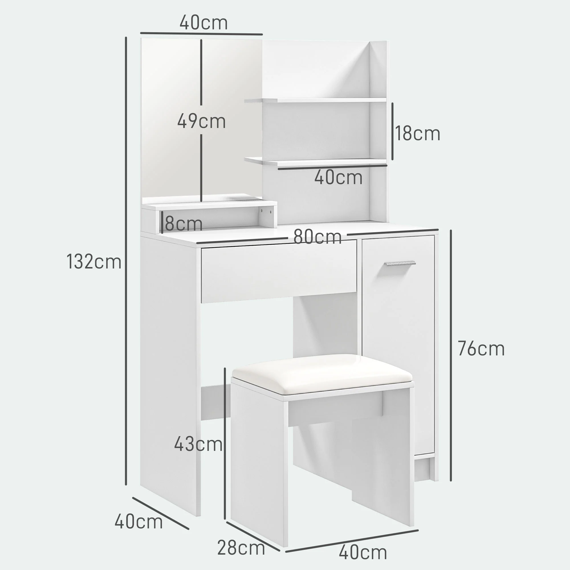 HOMCOM Dressing Table With Mirror And Stool, Makeup Desk For Bedroom, White - Image 5