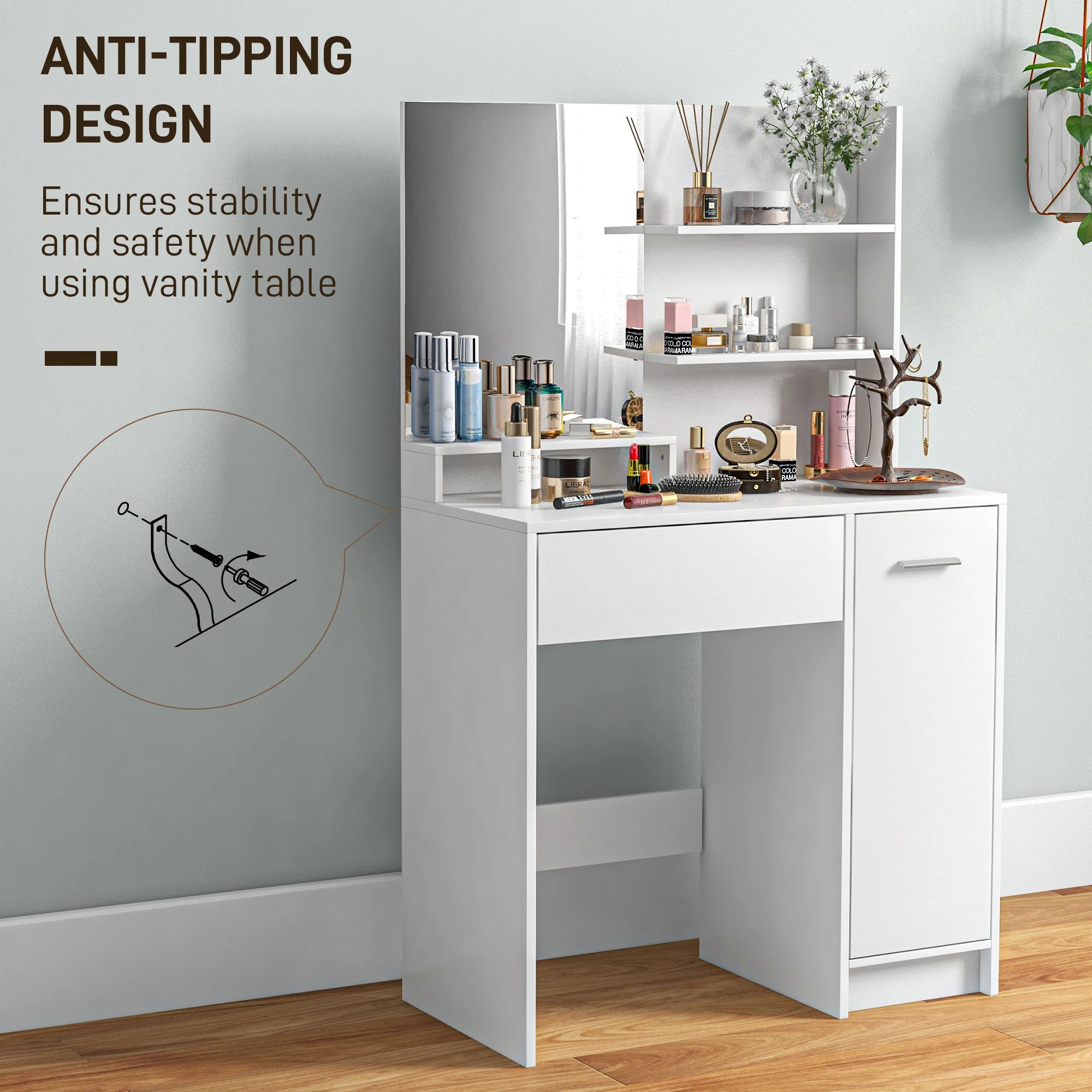 HOMCOM Dressing Table With Mirror And Stool, Makeup Desk For Bedroom, White - Image 8