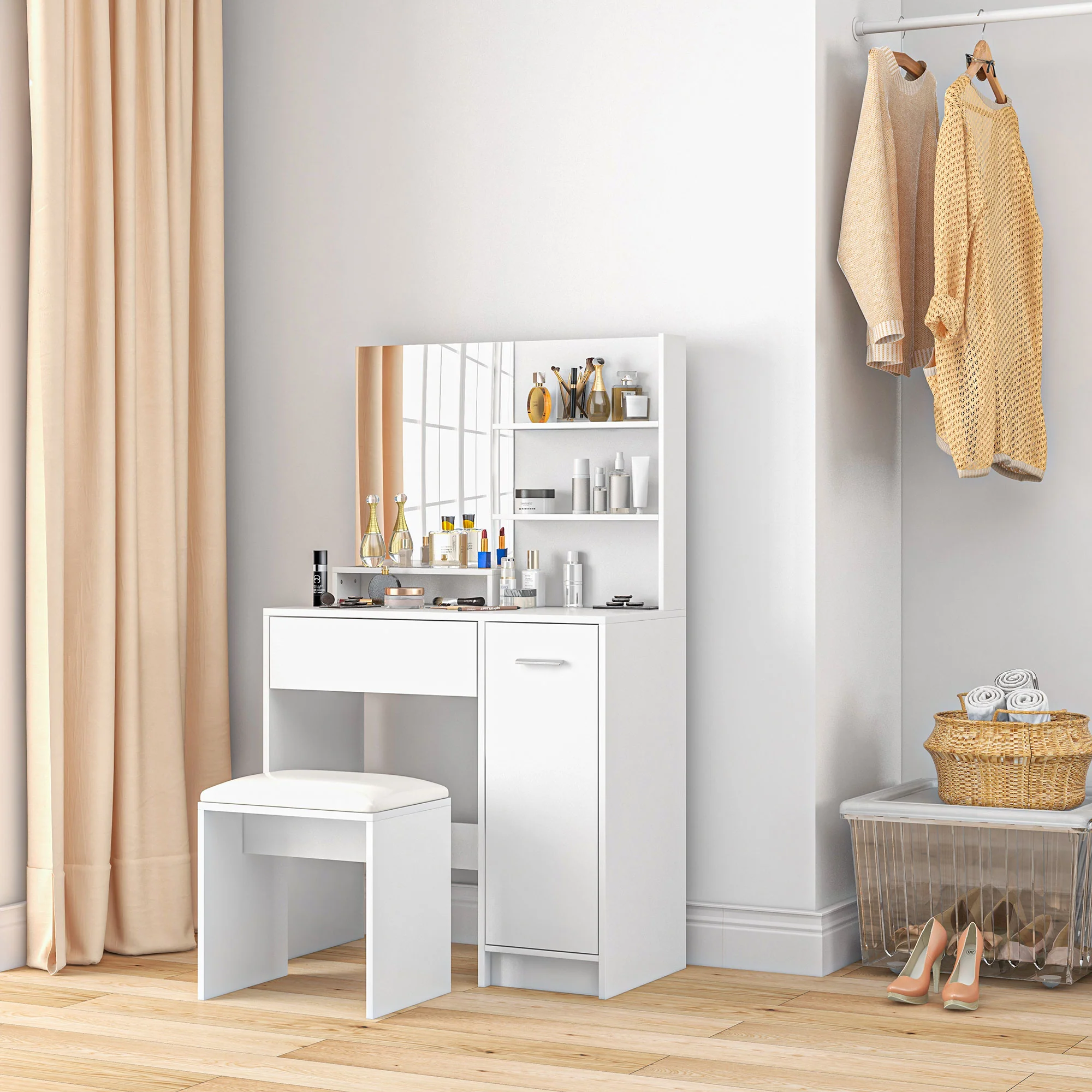 HOMCOM Dressing Table With Mirror And Stool, Makeup Desk For Bedroom, White - Image 9