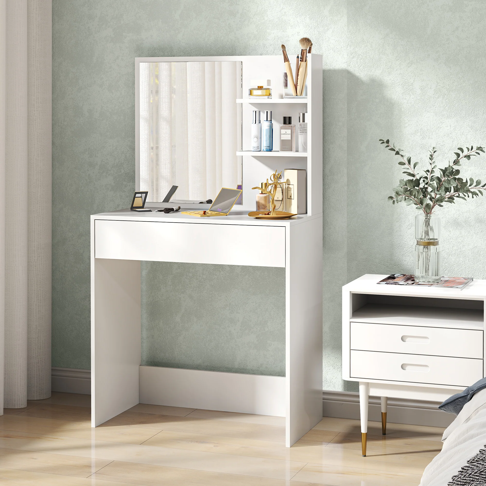 HOMCOM Dressing Table With Mirror And Storage, Modern Vanity Desk, White - Image 9