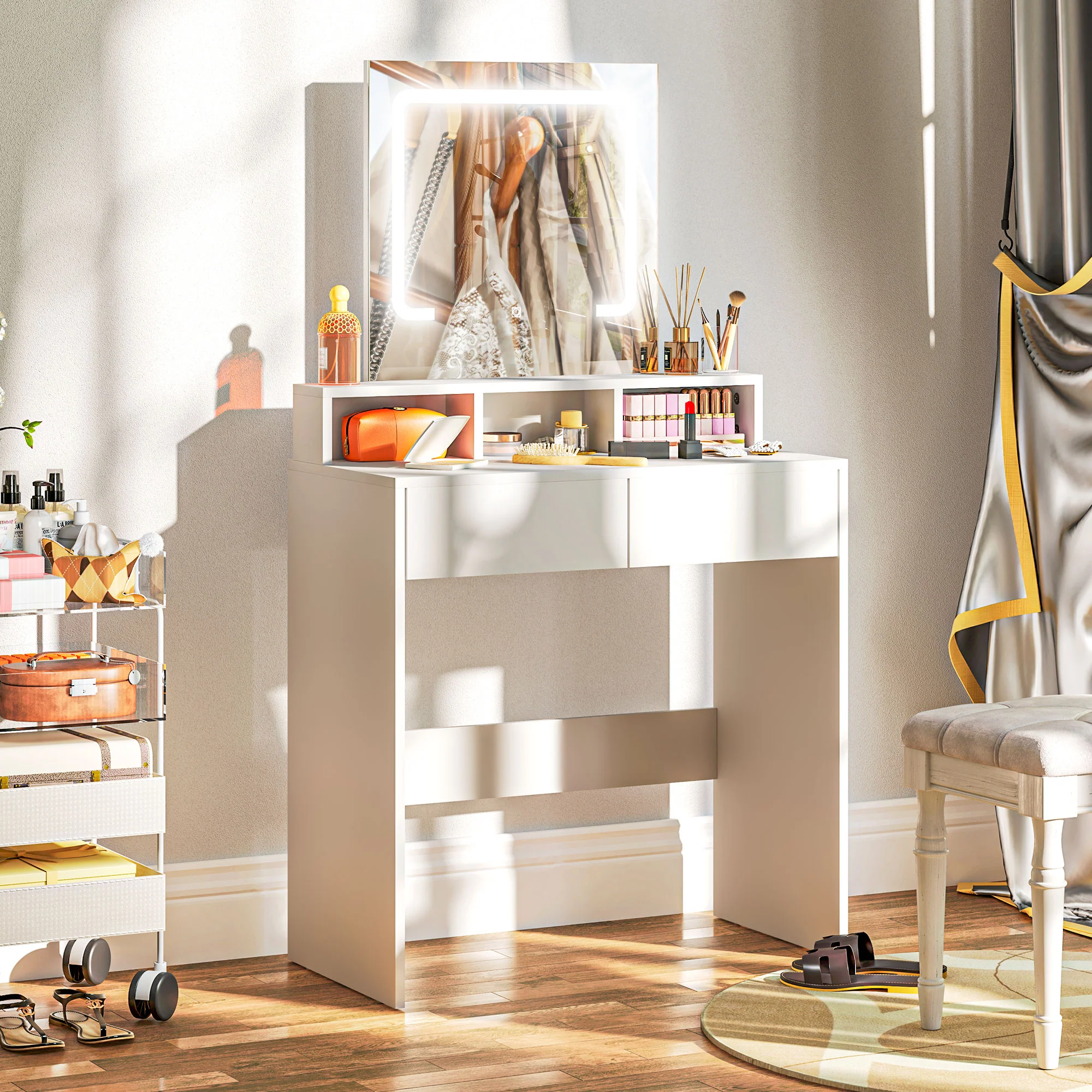 HOMCOM Dressing Table With Mirror, LED Lights, Drawers, For Bedroom, White - Image 2