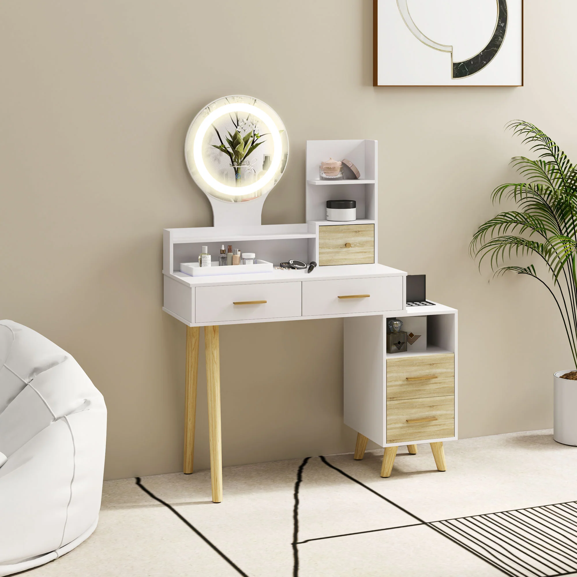 HOMCOM Dressing Table With Mirror, Vanity Table With LED Lights, White - Image 8