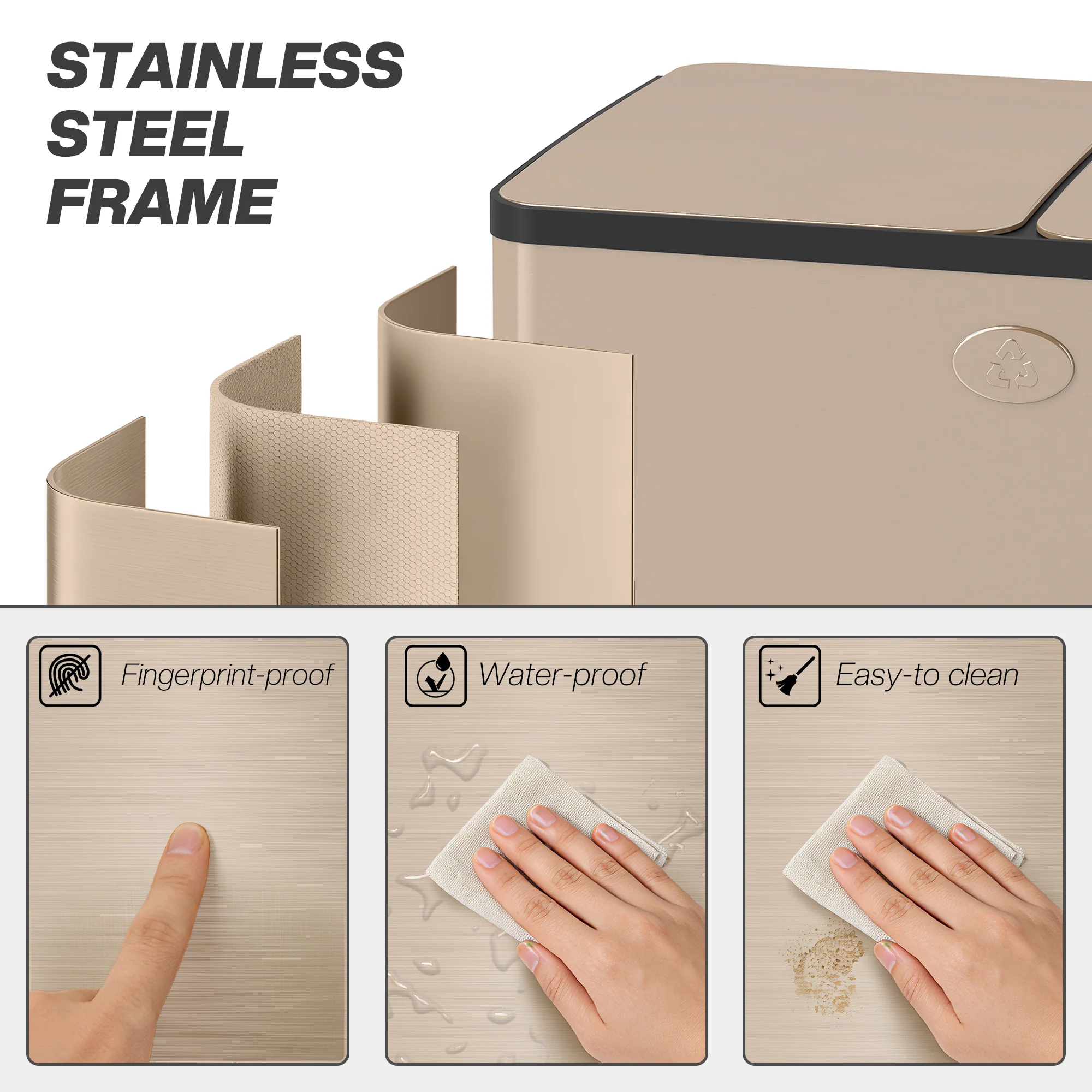 HOMCOM Dual Kitchen Bin Pedal Bin for Recycling and Waste, Gold Tone - Image 17