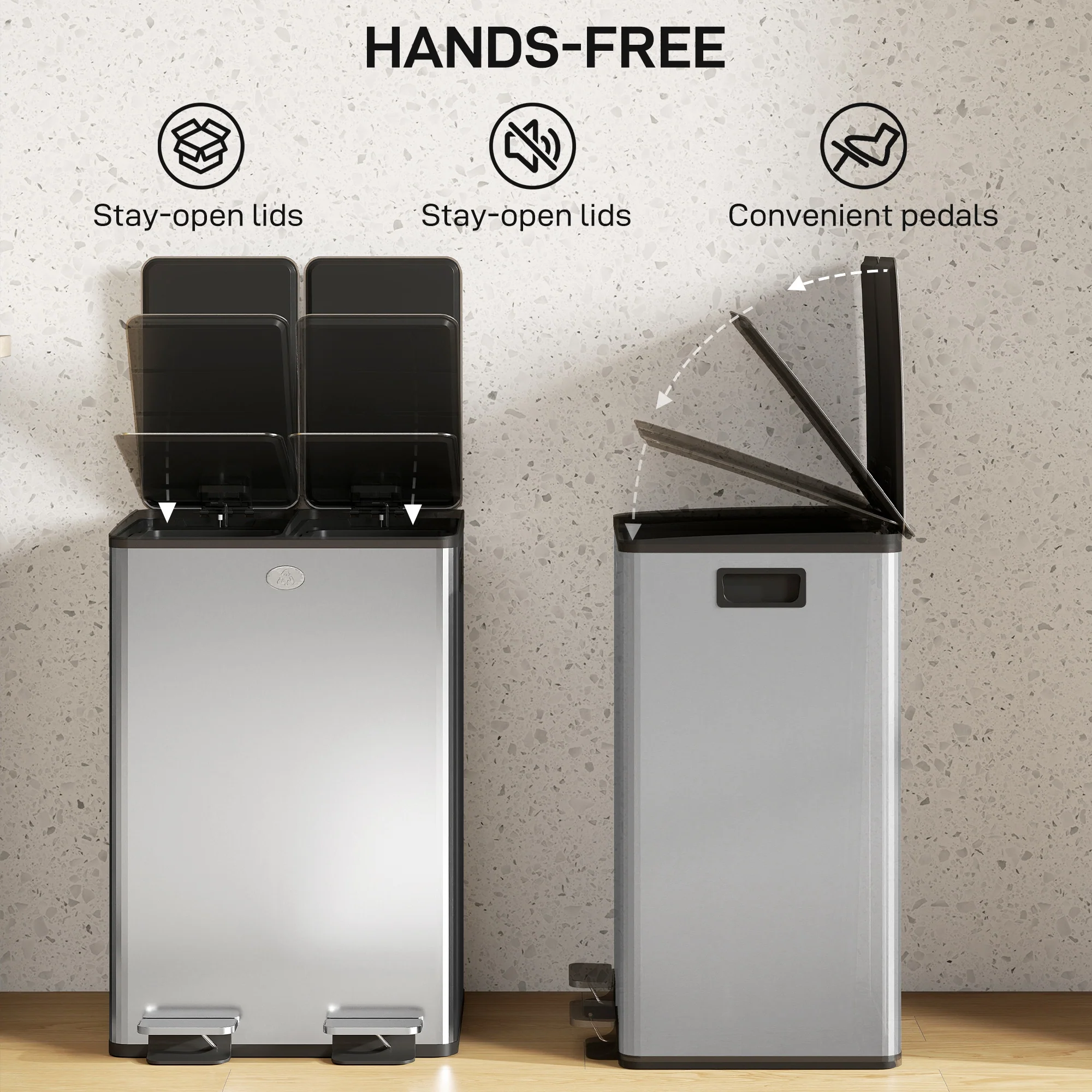 HOMCOM Dual Kitchen Bin Pedal Bin for Recycling and Waste, Silver Tone - Image 15