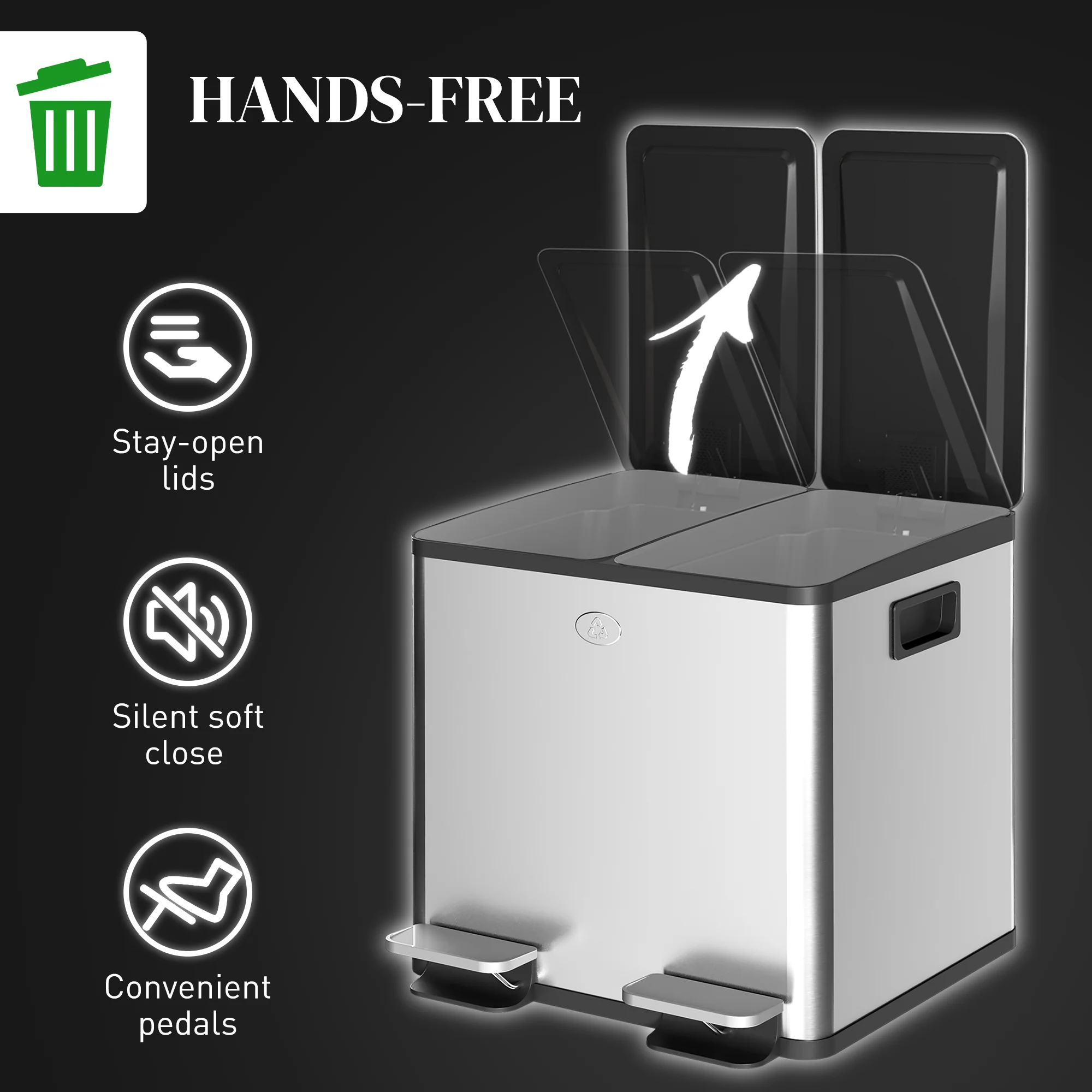 HOMCOM Dual Kitchen Bin Pedal Bin for Recycling and Waste, Silver Tone - Image 6