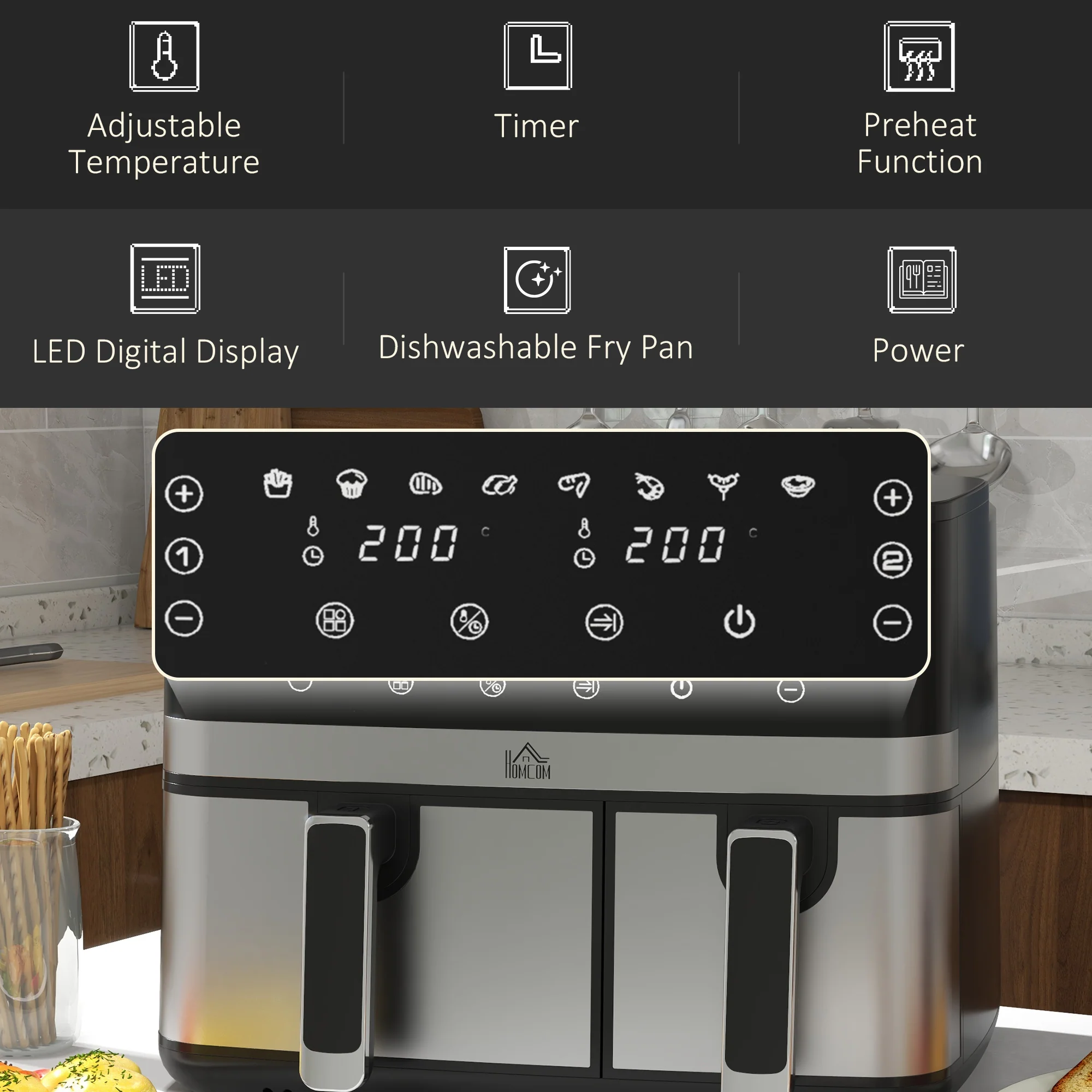 HOMCOM Dual Zone Air Fryer 8.5L Double Air Fryer With SYNCFinish 2700W - Image 7