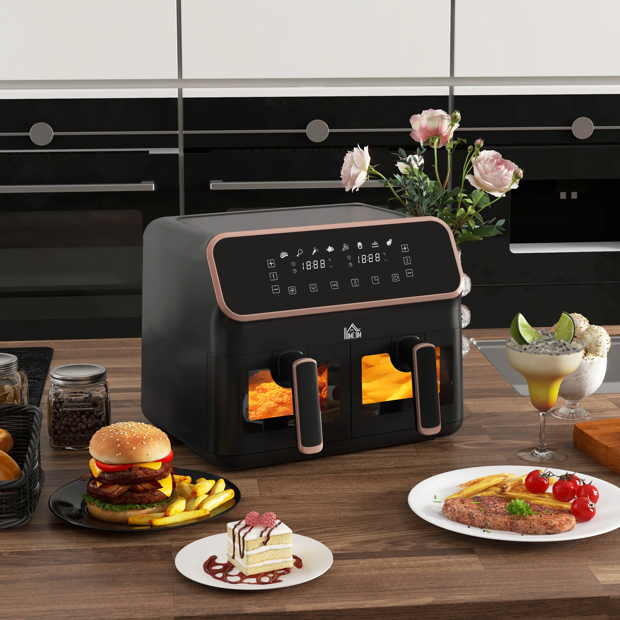 HOMCOM Dual Zone Air Fryer 8L Double Air Fryer with SYNCFinish 2700W Gold Tone - Image 2