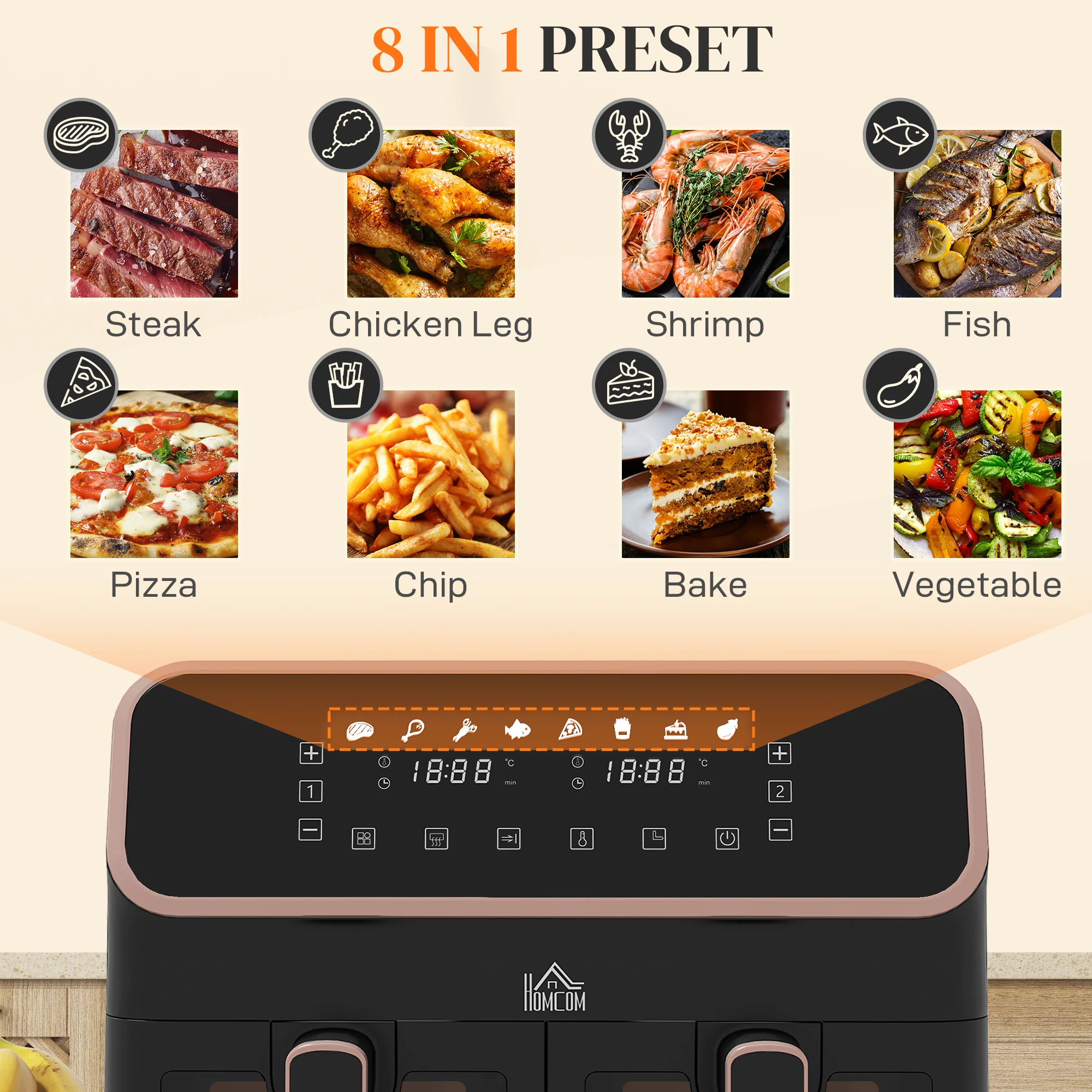 HOMCOM Dual Zone Air Fryer 8L Double Air Fryer with SYNCFinish 2700W Gold Tone - Image 4