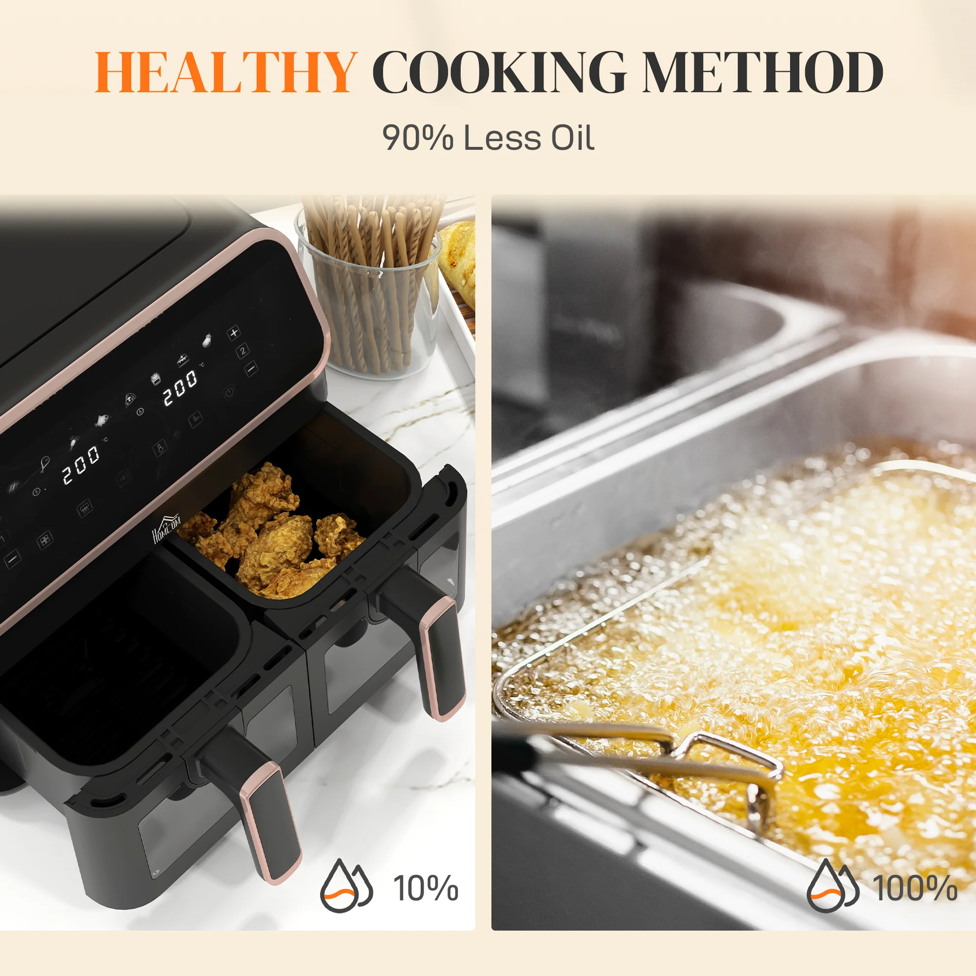 HOMCOM Dual Zone Air Fryer 8L Double Air Fryer with SYNCFinish 2700W Gold Tone - Image 6