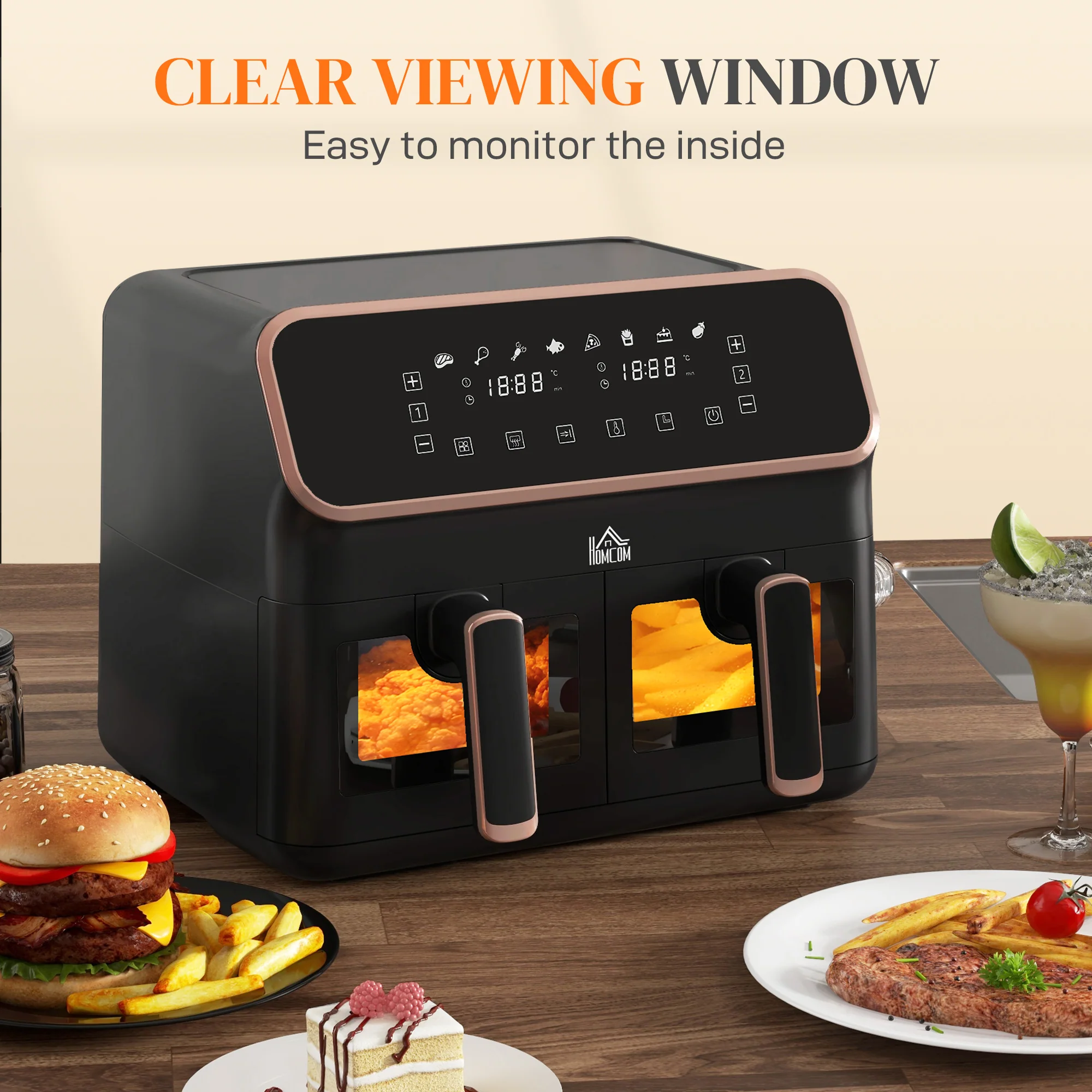 HOMCOM Dual Zone Air Fryer 8L Double Air Fryer with SYNCFinish 2700W Gold Tone - Image 7