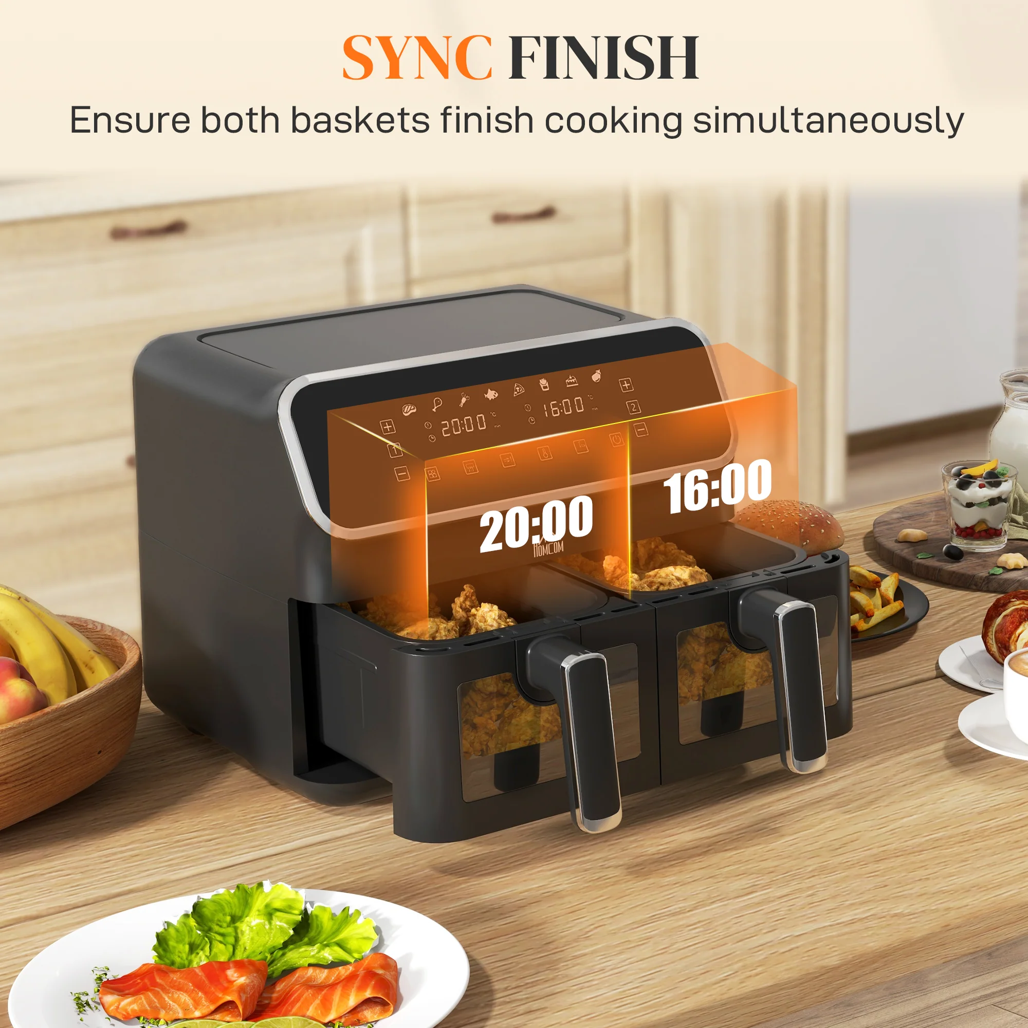 HOMCOM Dual Zone Air Fryer 8L Double Air Fryer With SYNCFinish 2700W Silver - Image 3