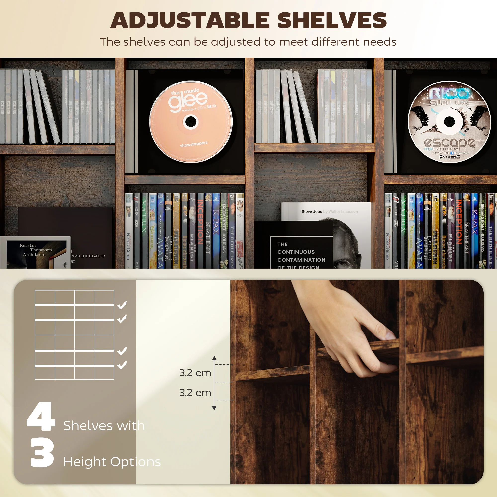 HOMCOM DVD CD Media Storage Rack, Video Display Unit, Rustic Brown - Image 4