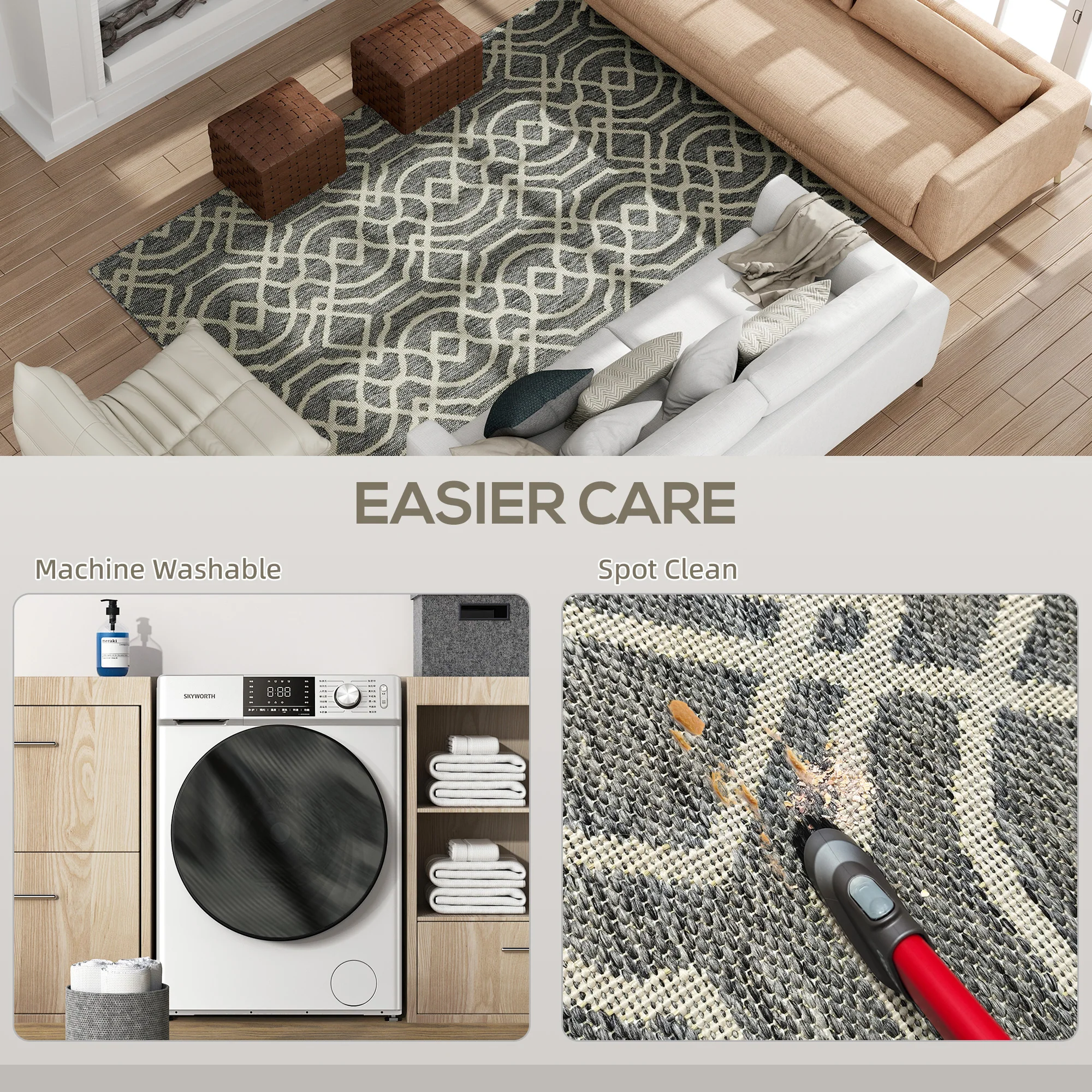 HOMCOM Easy-Cleaning Machine Washable Rug For Patio, Garden, Grey - Image 15