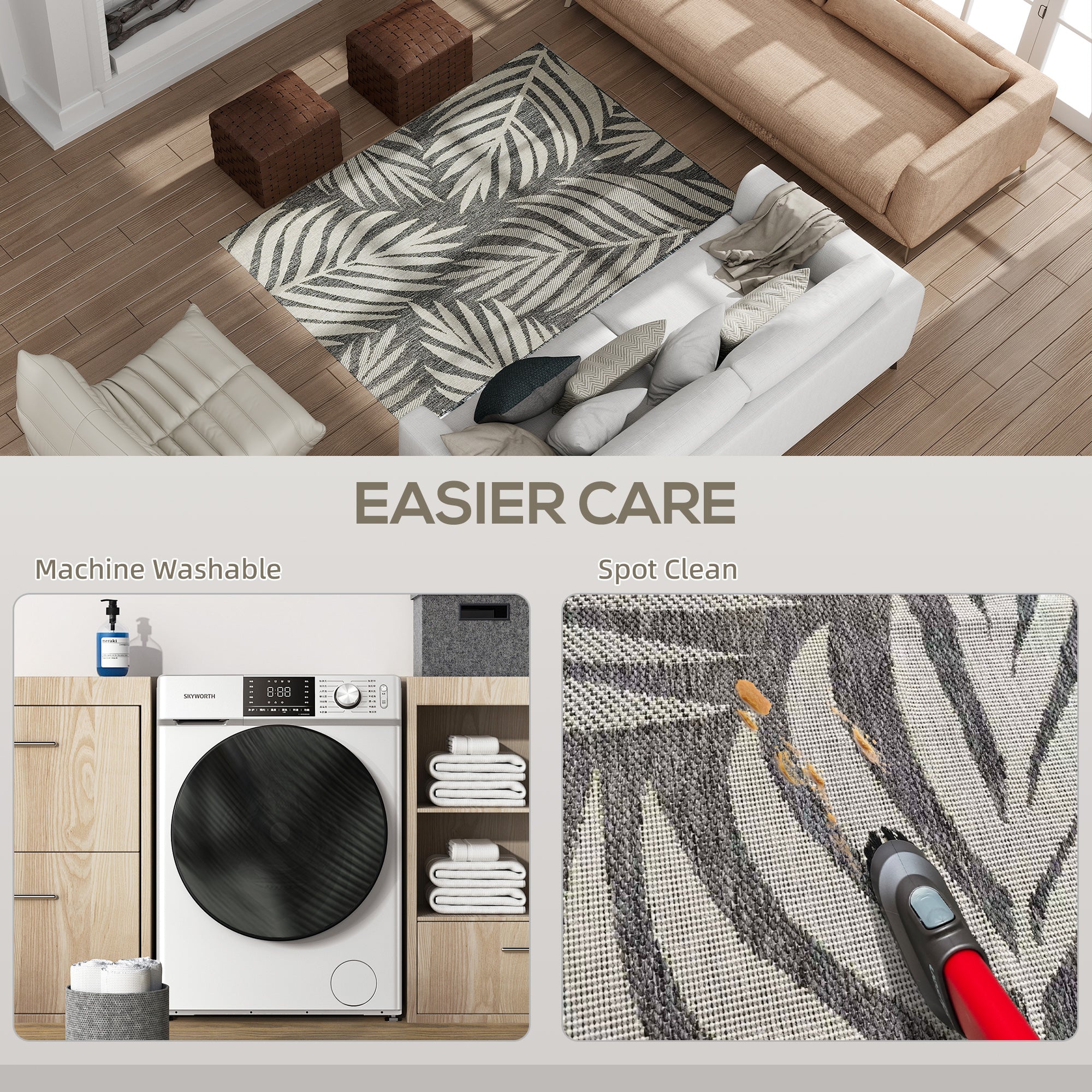 HOMCOM Easy-Cleaning Machine Washable Rug For Patio, Garden, Grey - Image 6