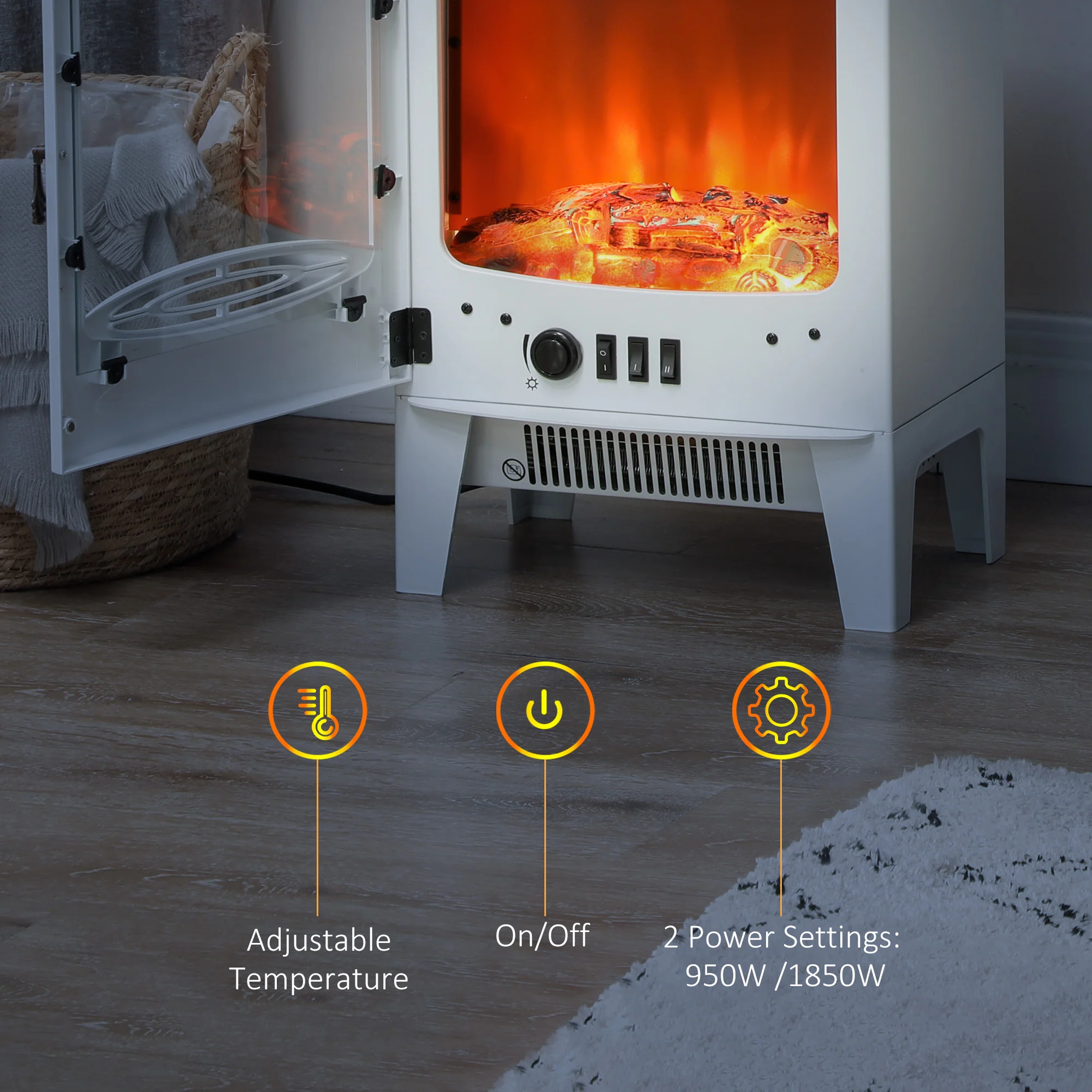 HOMCOM Electric Fireplace Freestanding W/Realistic Flame Effect, White - Image 4