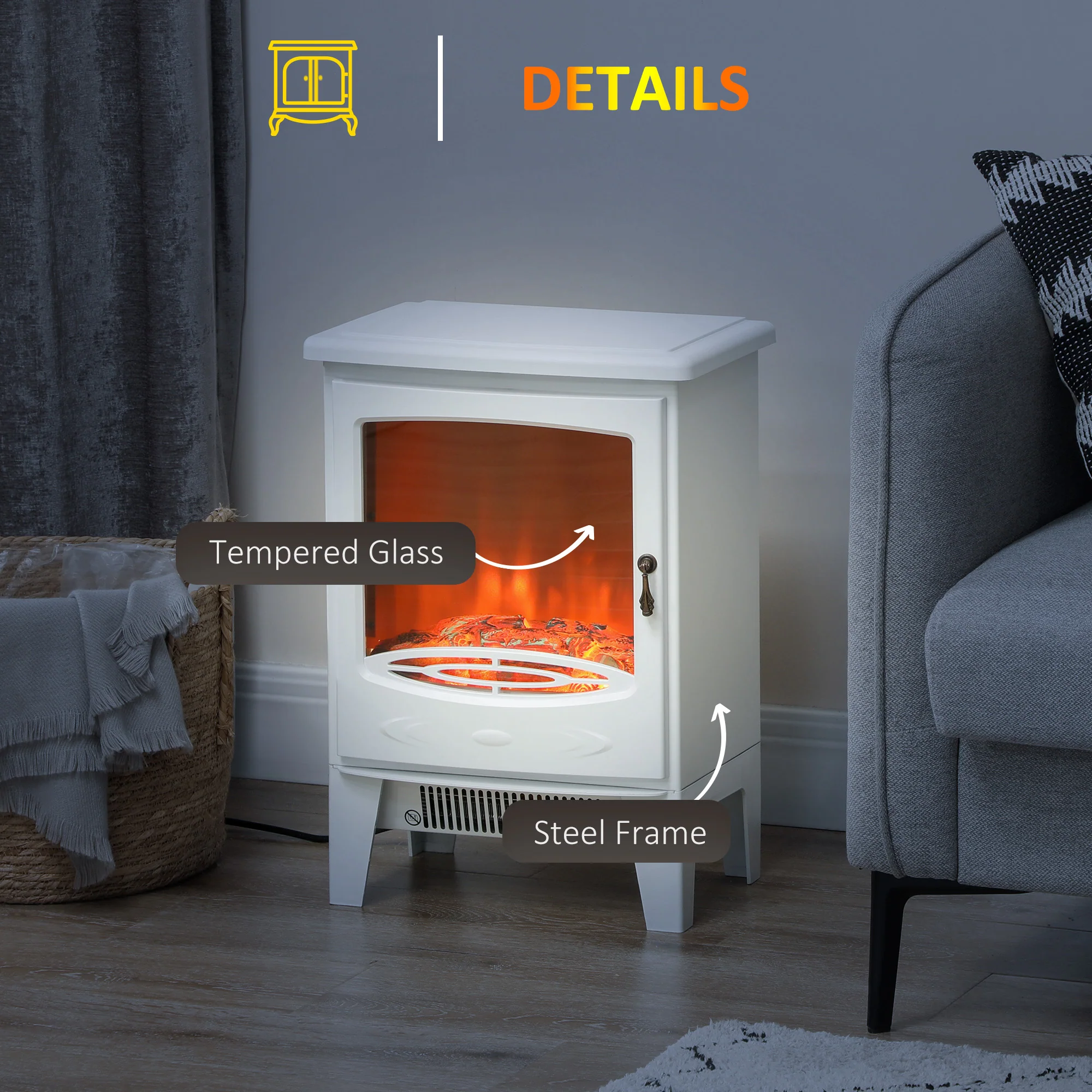 HOMCOM Electric Fireplace Freestanding W/Realistic Flame Effect, White - Image 7