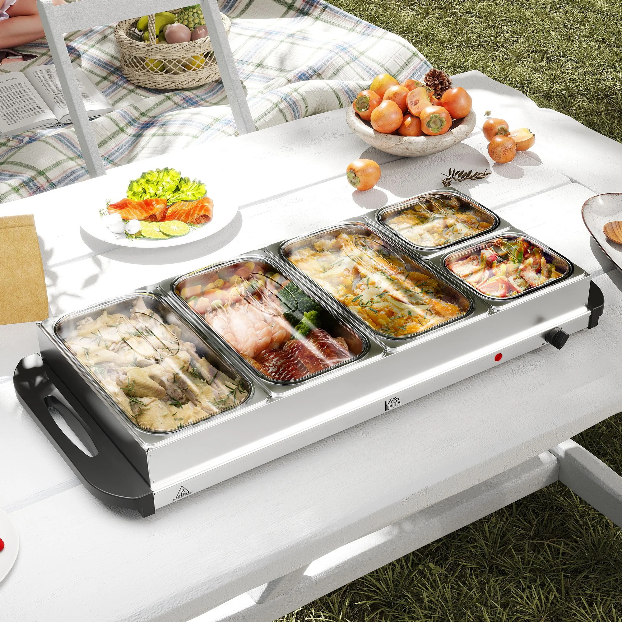 HOMCOM Electric Food Warmer 5 Tray, 9.2L Buffet Server with Lids, Silver Tone - Image 2