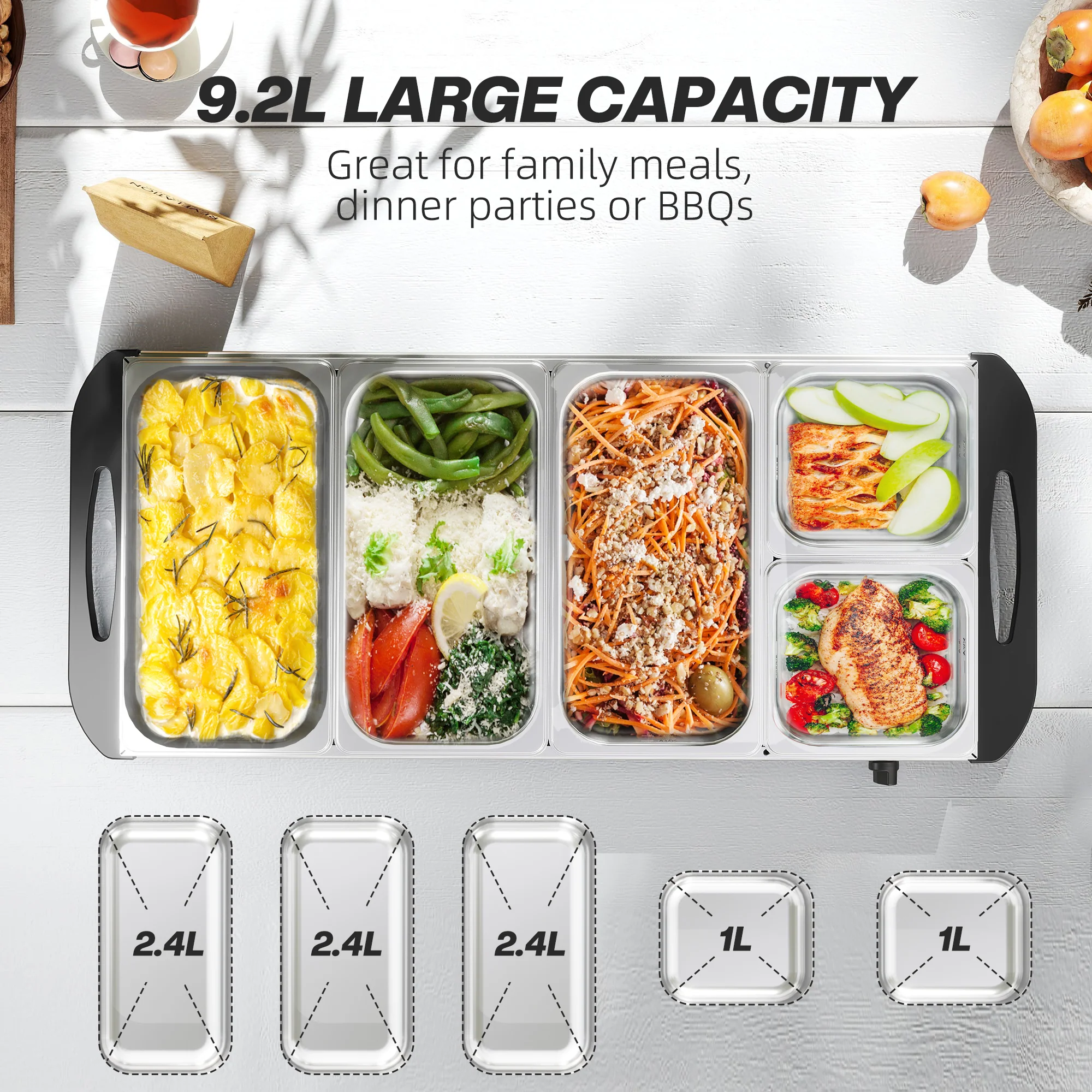 HOMCOM Electric Food Warmer 5 Tray, 9.2L Buffet Server with Lids, Silver Tone - Image 3