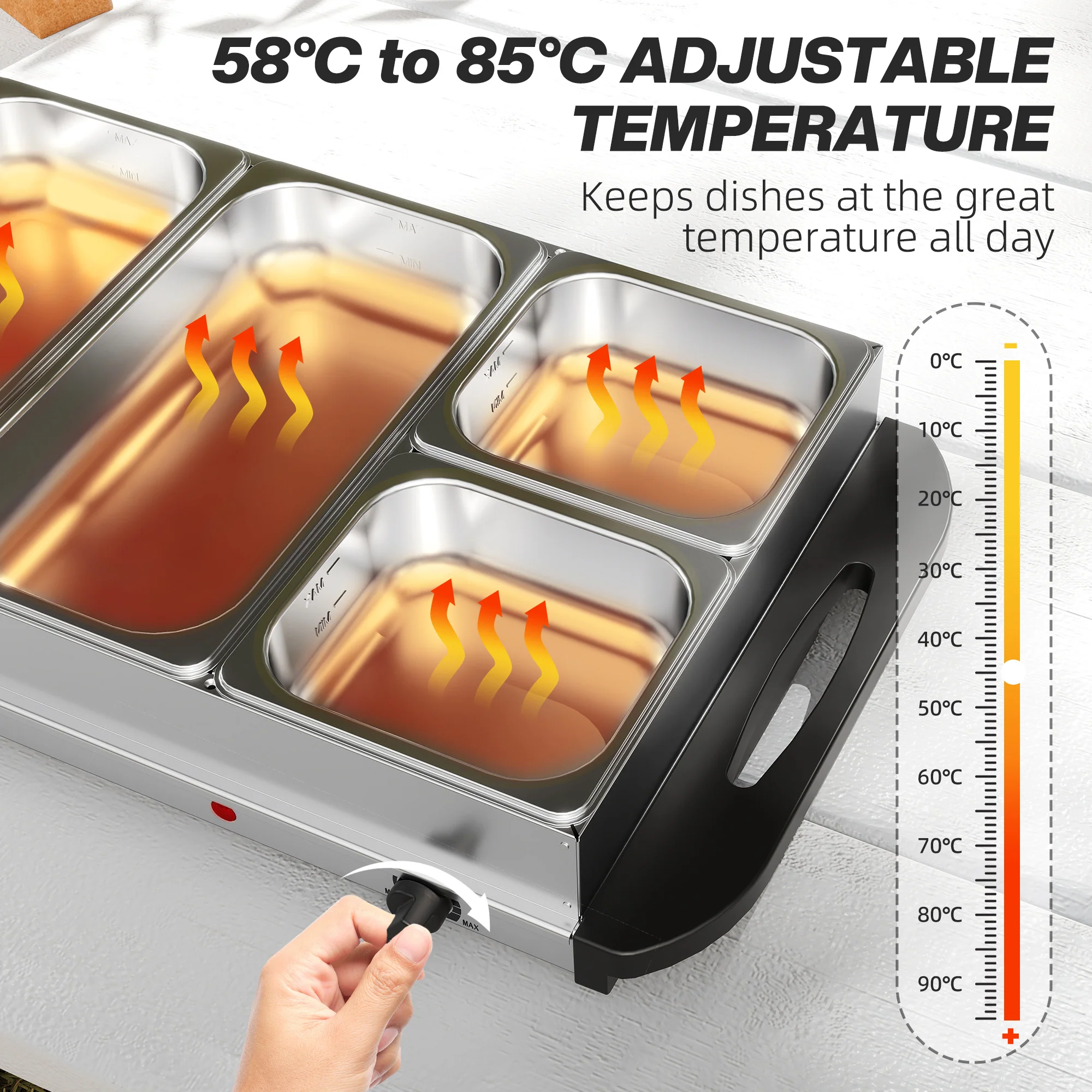 HOMCOM Electric Food Warmer 5 Tray, 9.2L Buffet Server with Lids, Silver Tone - Image 4