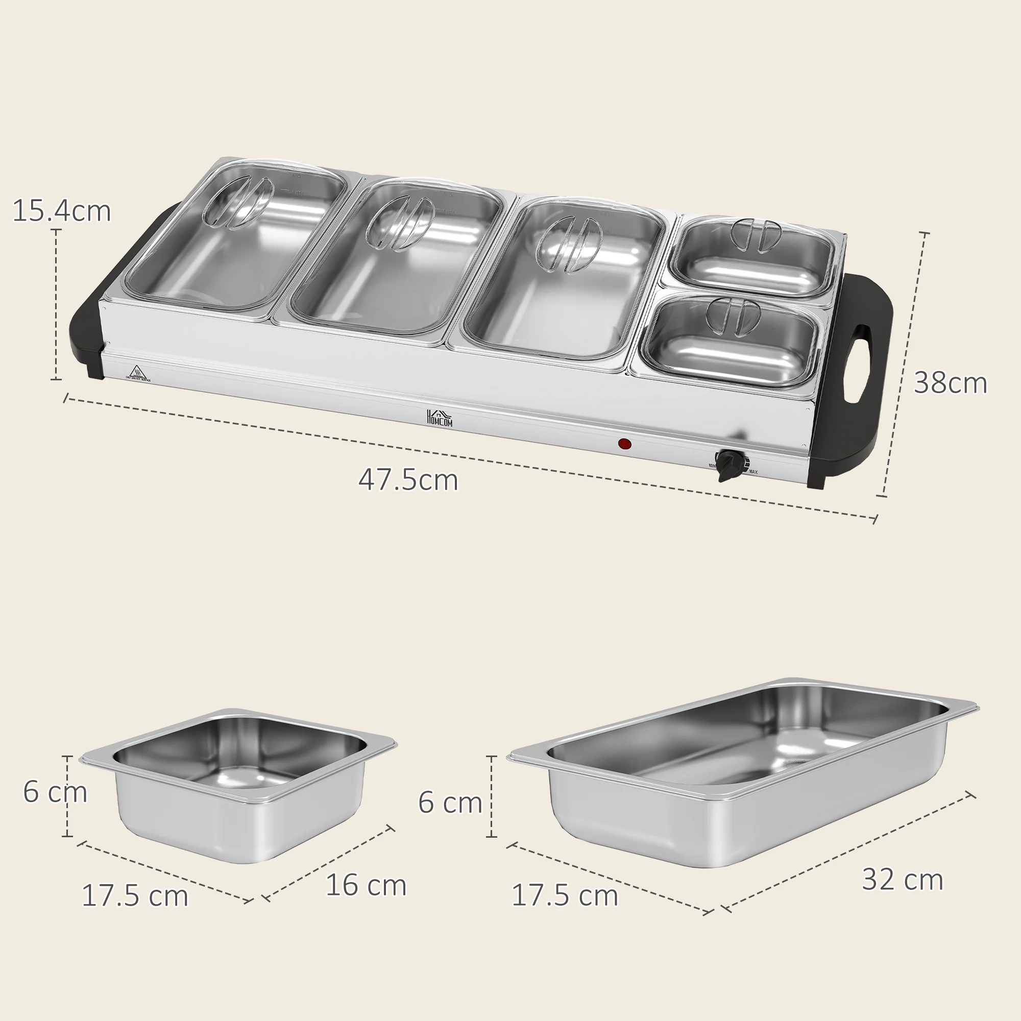 HOMCOM Electric Food Warmer 5 Tray, 9.2L Buffet Server with Lids, Silver Tone - Image 5