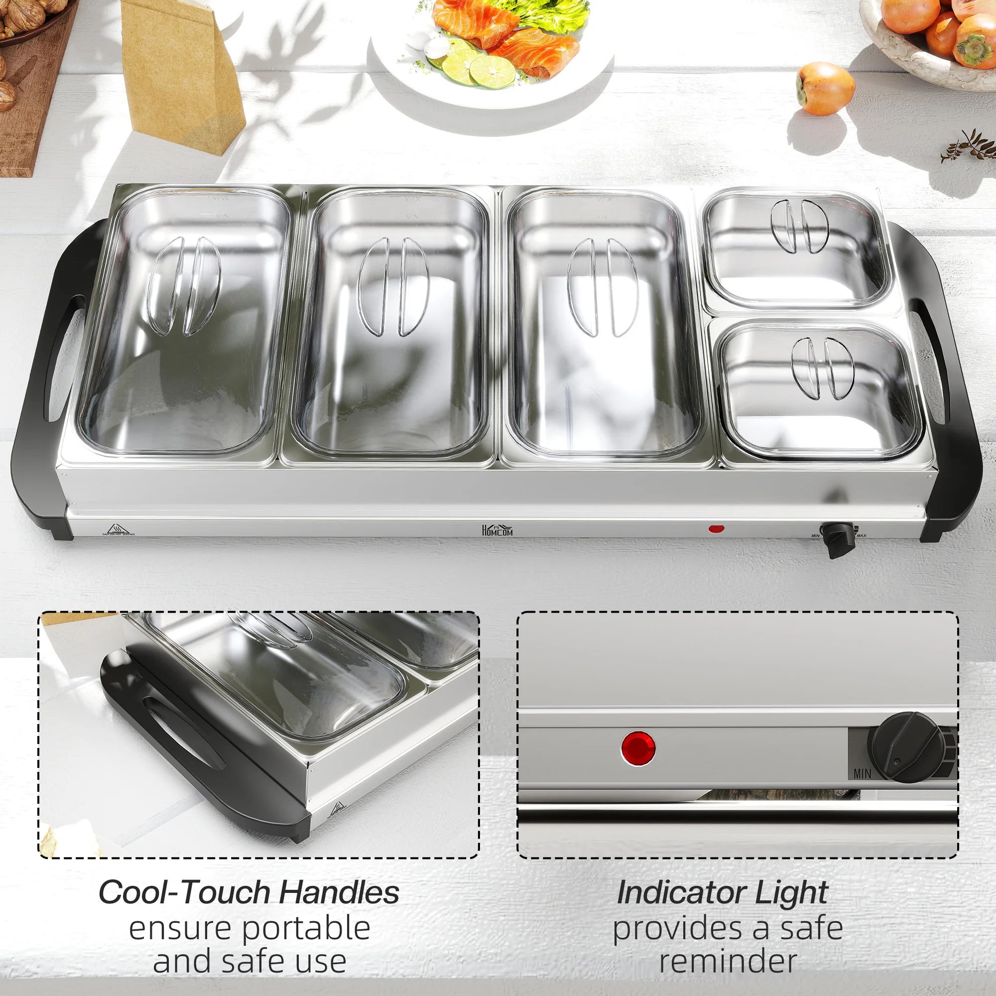 HOMCOM Electric Food Warmer 5 Tray, 9.2L Buffet Server with Lids, Silver Tone - Image 7