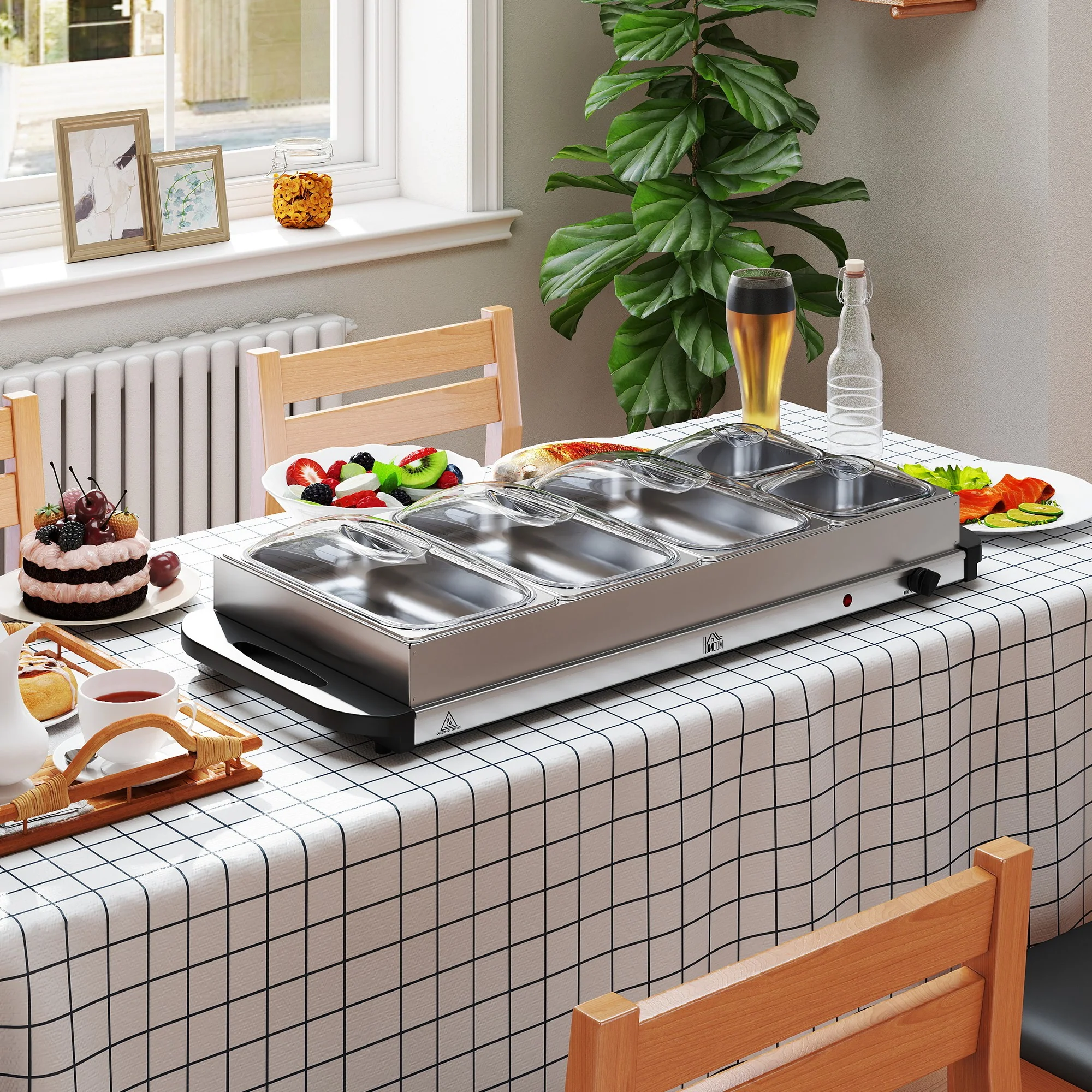 HOMCOM Electric Food Warmer 5 Tray, 9.2L Buffet Server with Lids, Silver Tone - Image 8