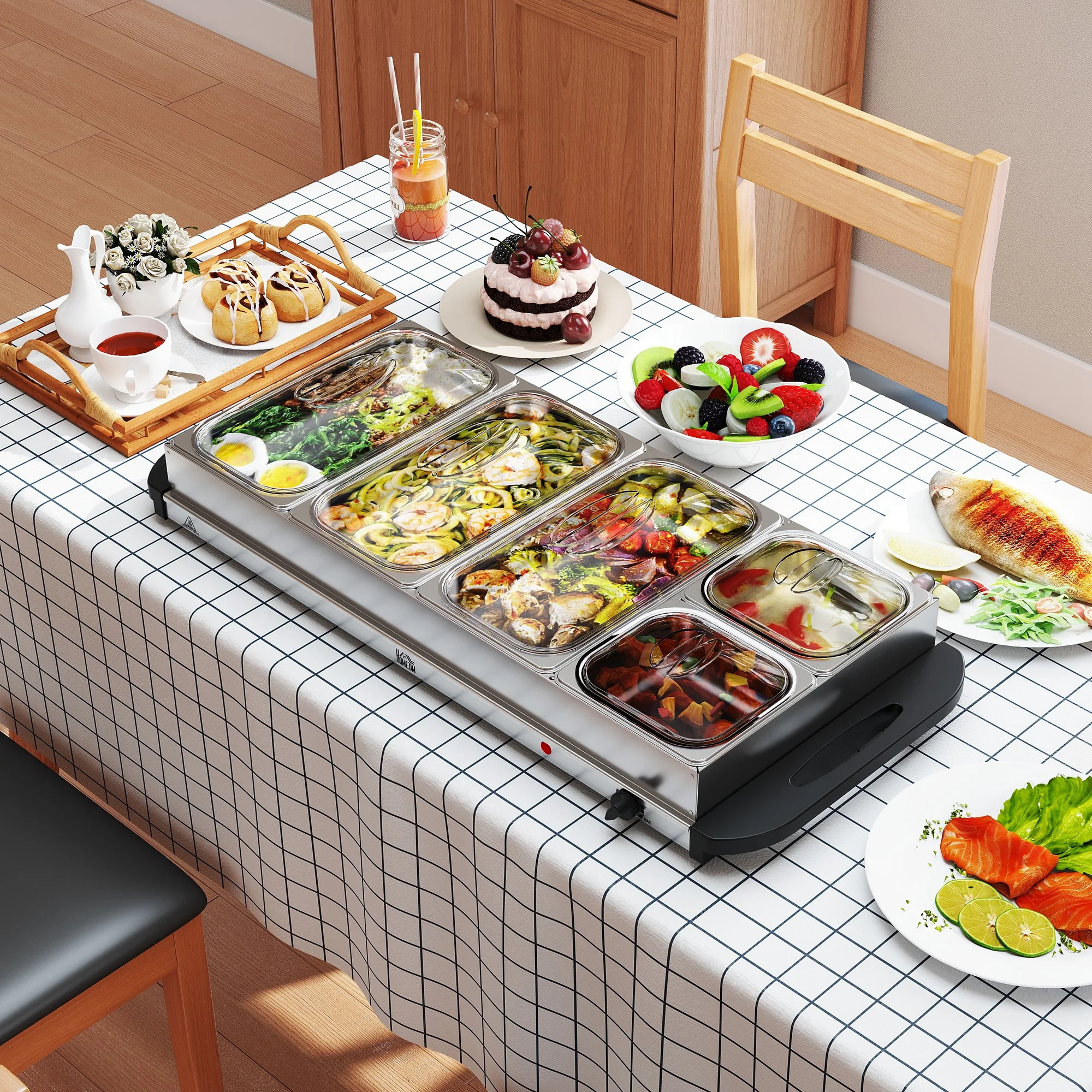 HOMCOM Electric Food Warmer 5 Tray, 9.2L Buffet Server with Lids, Silver Tone - Image 9