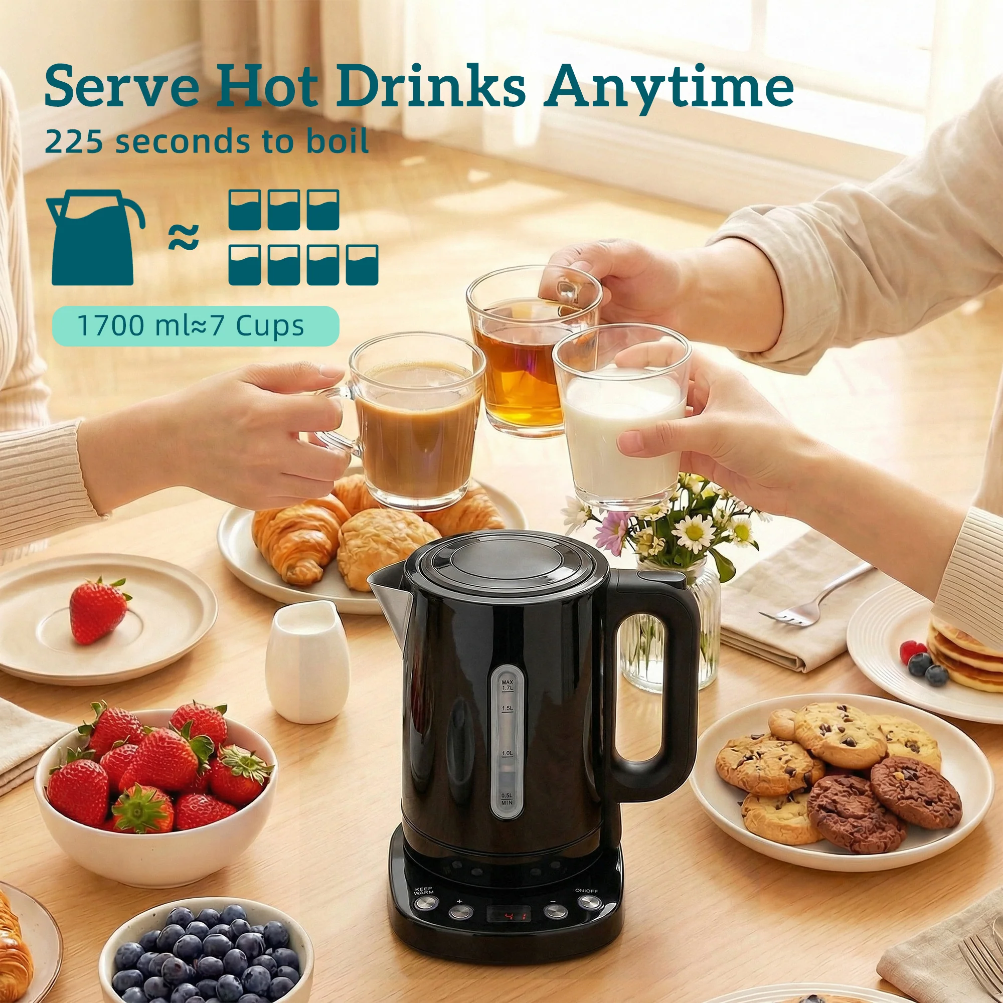 HOMCOM Electric Kettle, 1.7L Fast Boil, 3kW Water Kettle With Strix Thermost - Image 4