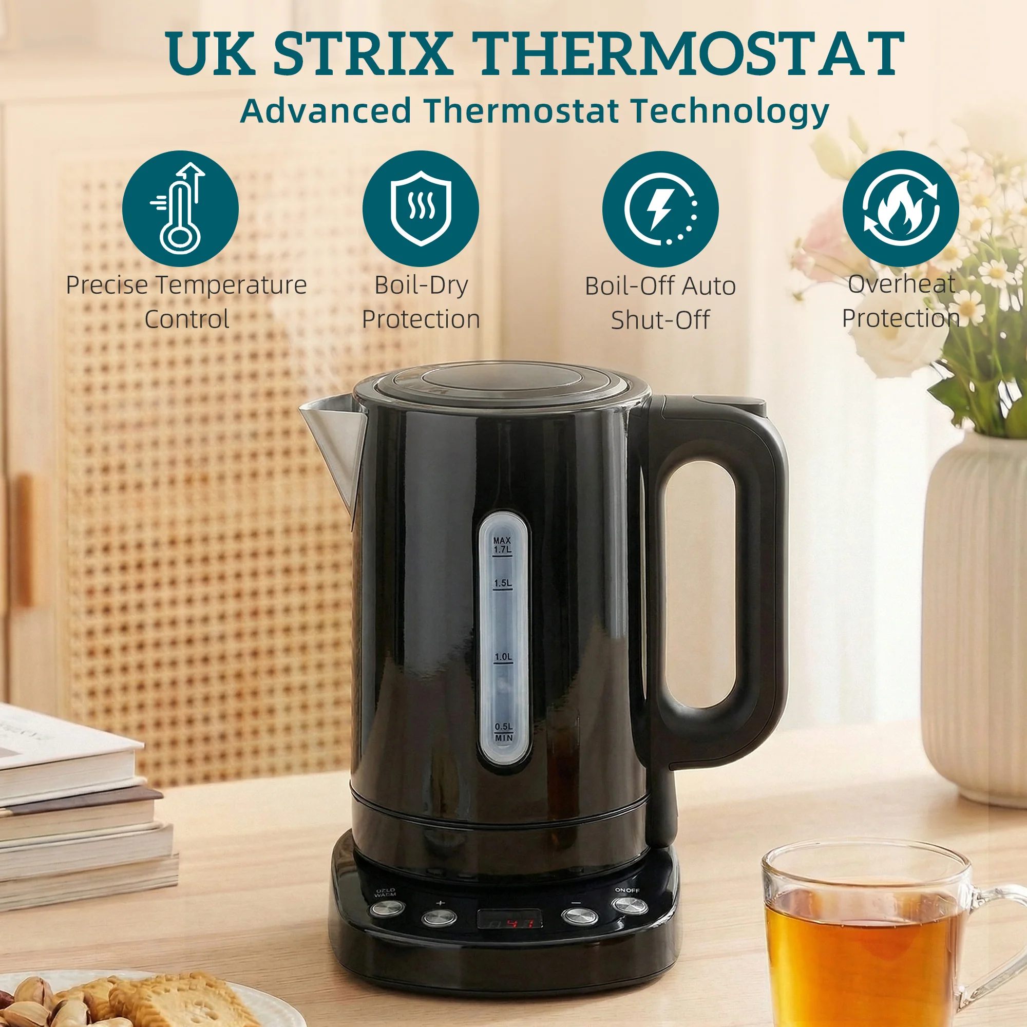 HOMCOM Electric Kettle, 1.7L Fast Boil, 3kW Water Kettle With Strix Thermost - Image 5