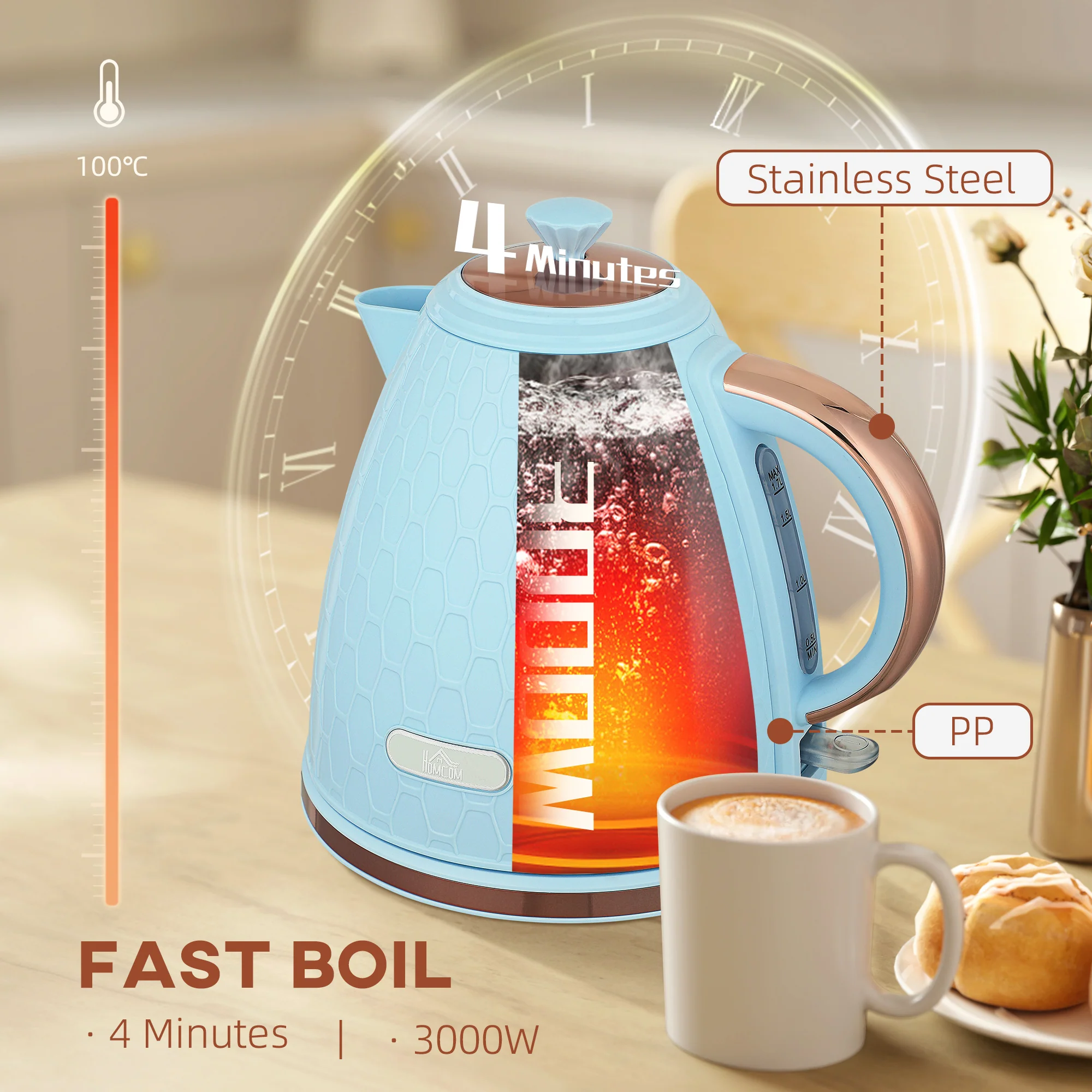 HOMCOM Electric Kettle, Fast Boil, 1.7L, 3kW, Auto Shut-off - Image 4