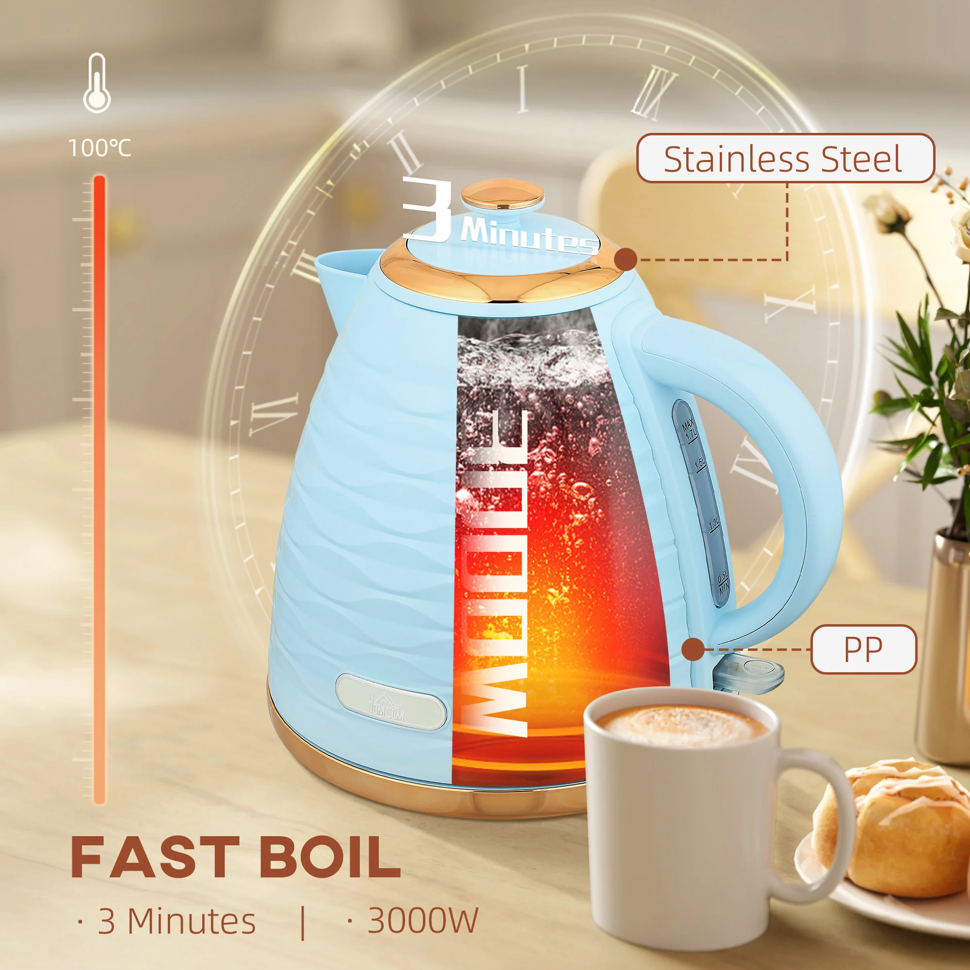 HOMCOM Electric Kettle, Fast Boil, 1.7L, 3kW, Swivel, - Image 4