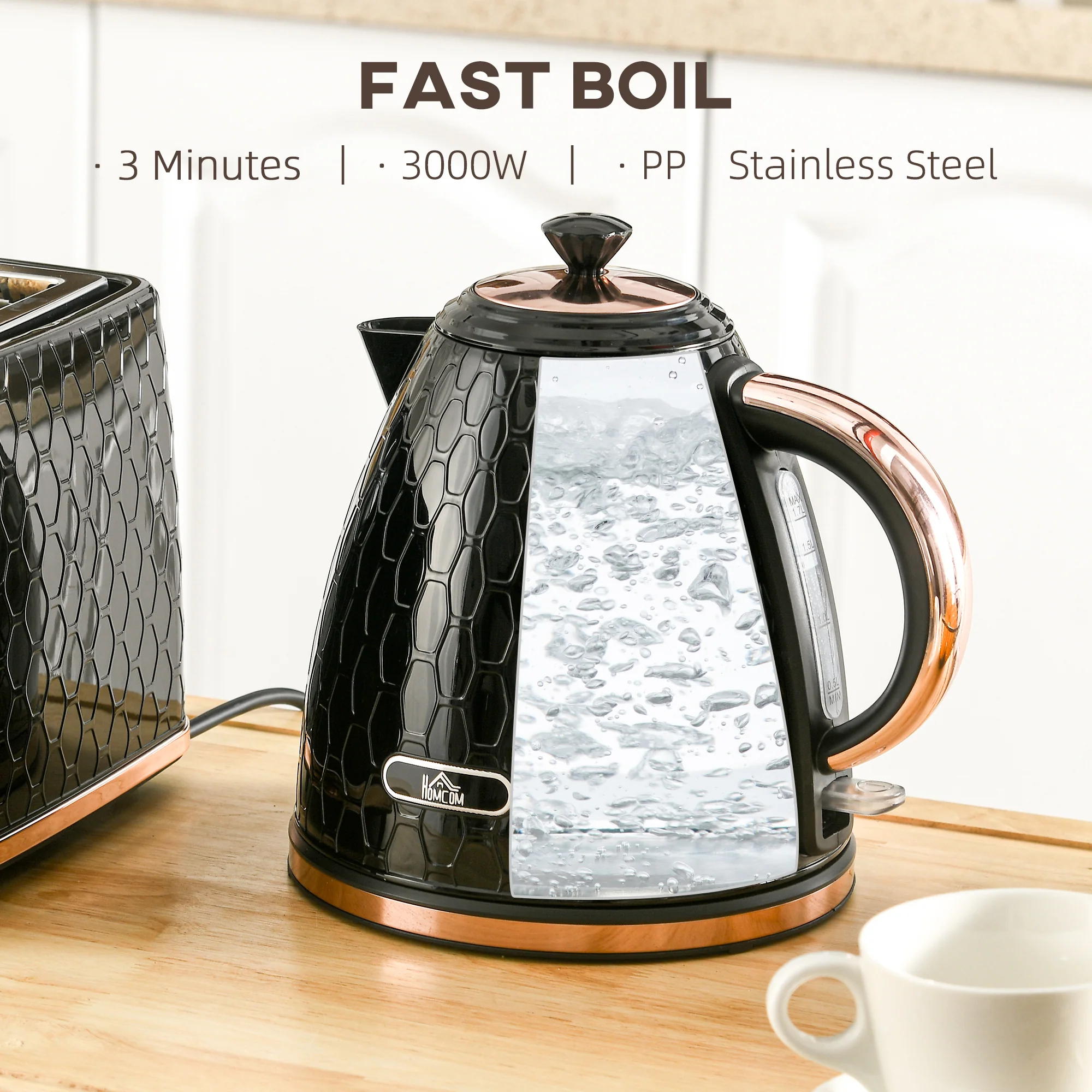 HOMCOM Electric Kettle, Fast Boil, 1.7L, 3kW, Swivel, Auto Shut-off, Black - Image 5