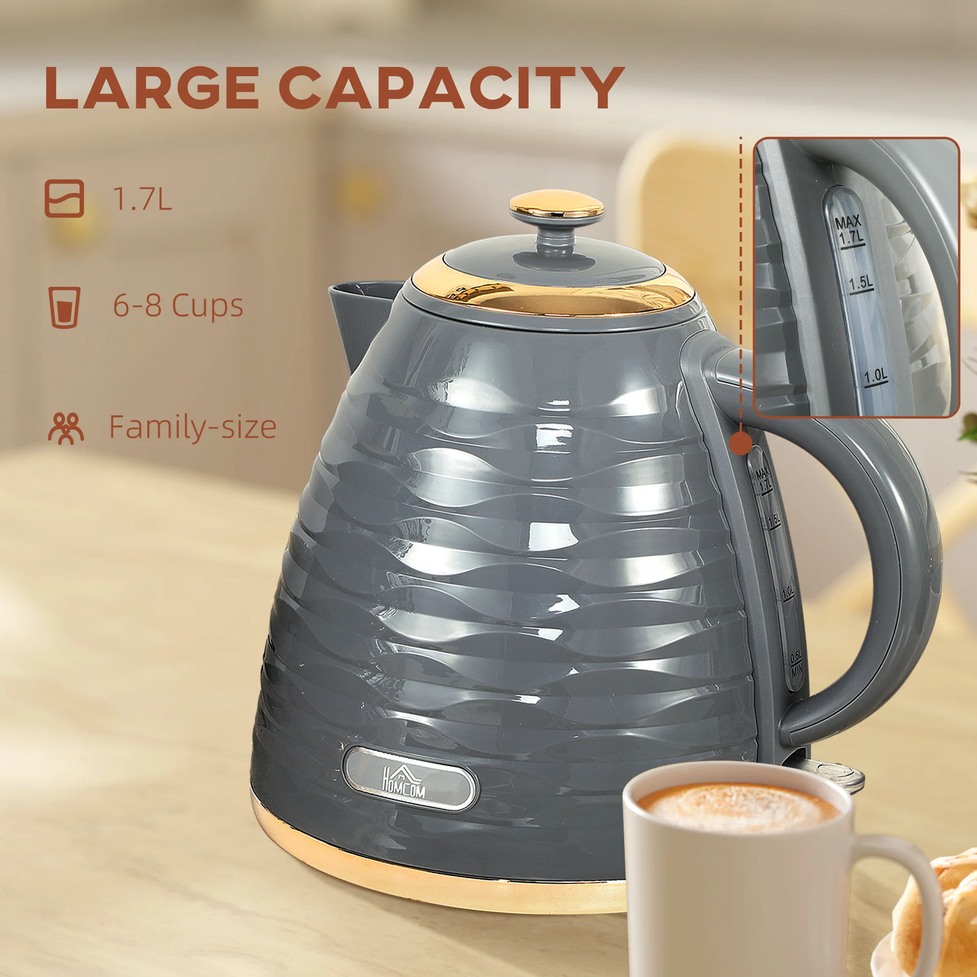 HOMCOM Electric Kettle, Fast Boil, 1.7L, 3kW, Swivel, Ripple - Image 22