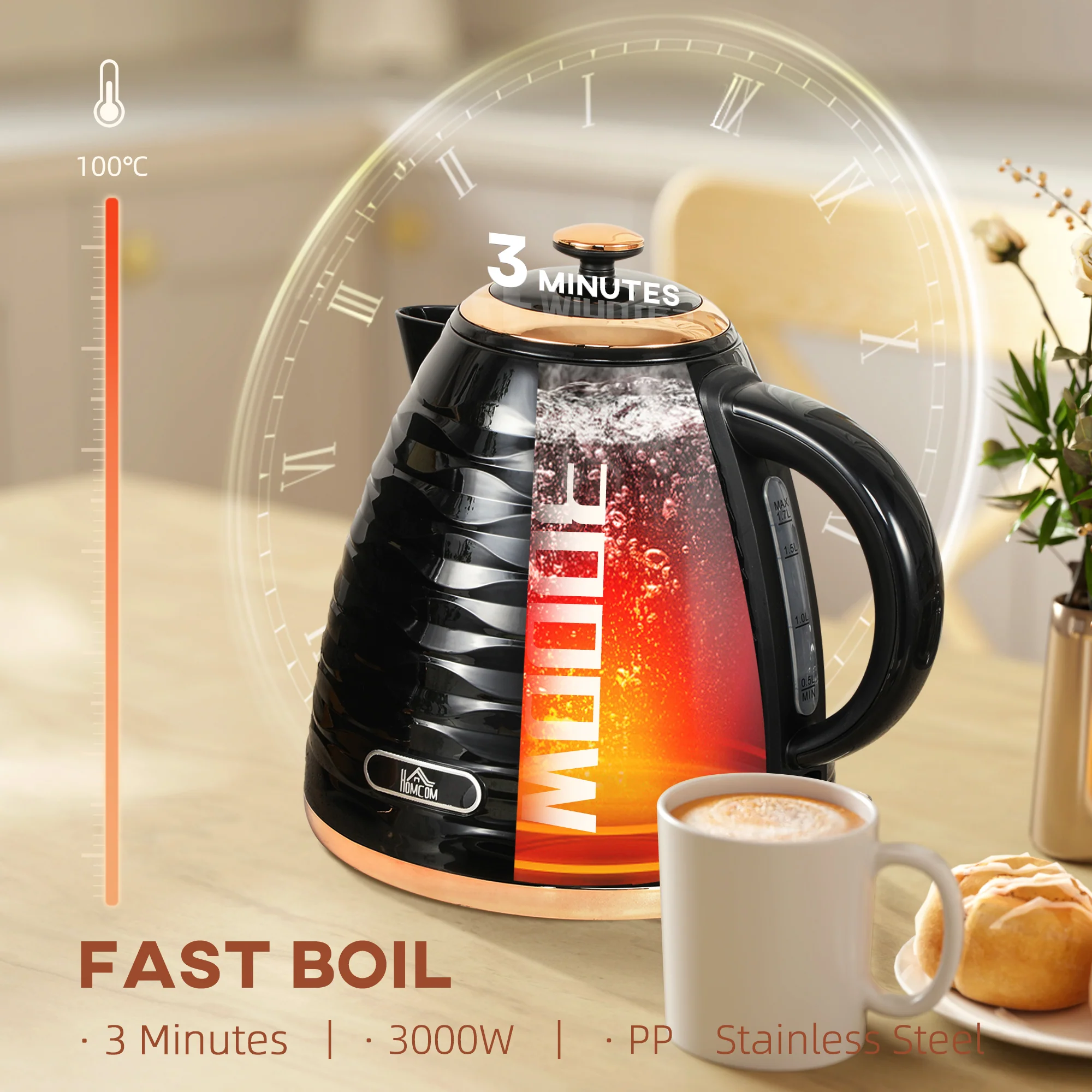 HOMCOM Electric Kettle, Fast Boil, 1.7L, 3kW, Swivel, Ripple - Image 3